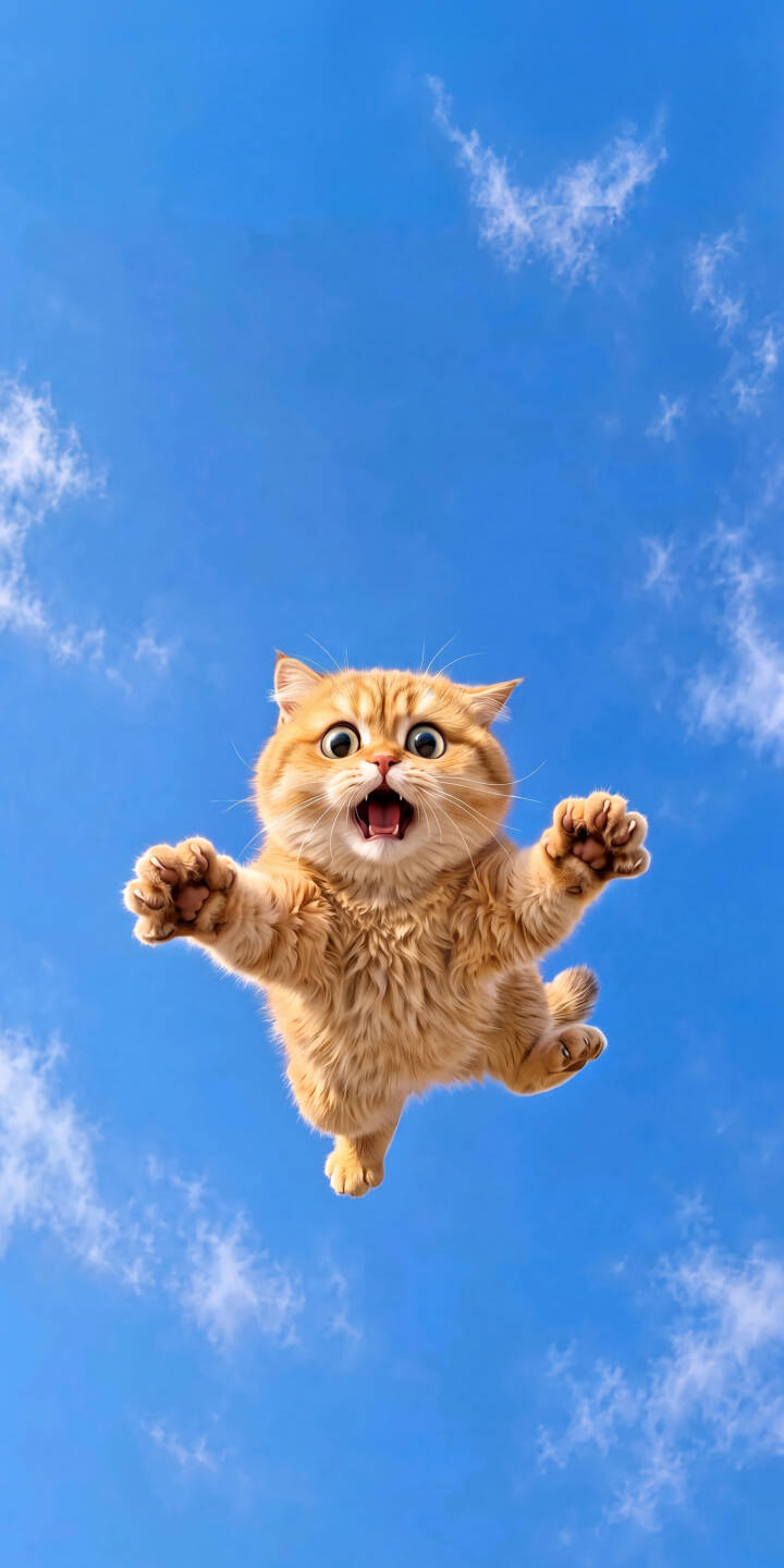 The adorable ginger cat plunges through a bright blue sky, its eyes wide with surprise and paws comically outstretched, creating a hilarious 4K wallpaper for iPhone. This charming feline wallpaper captures a moment of pure, unexpected joy. | funny cat iphone wallpaper blue sky kitten mobile cute cat fluffy 4k wallpaper hd wallpaper falling cat The adorable ginger cat plunges through a bright blue sky, its eyes wide with surprise and paws comically outstretched, creating a hilarious 4K wallpaper for iPhone. This charming feline wallpaper captures a moment of pure, unexpected joy.