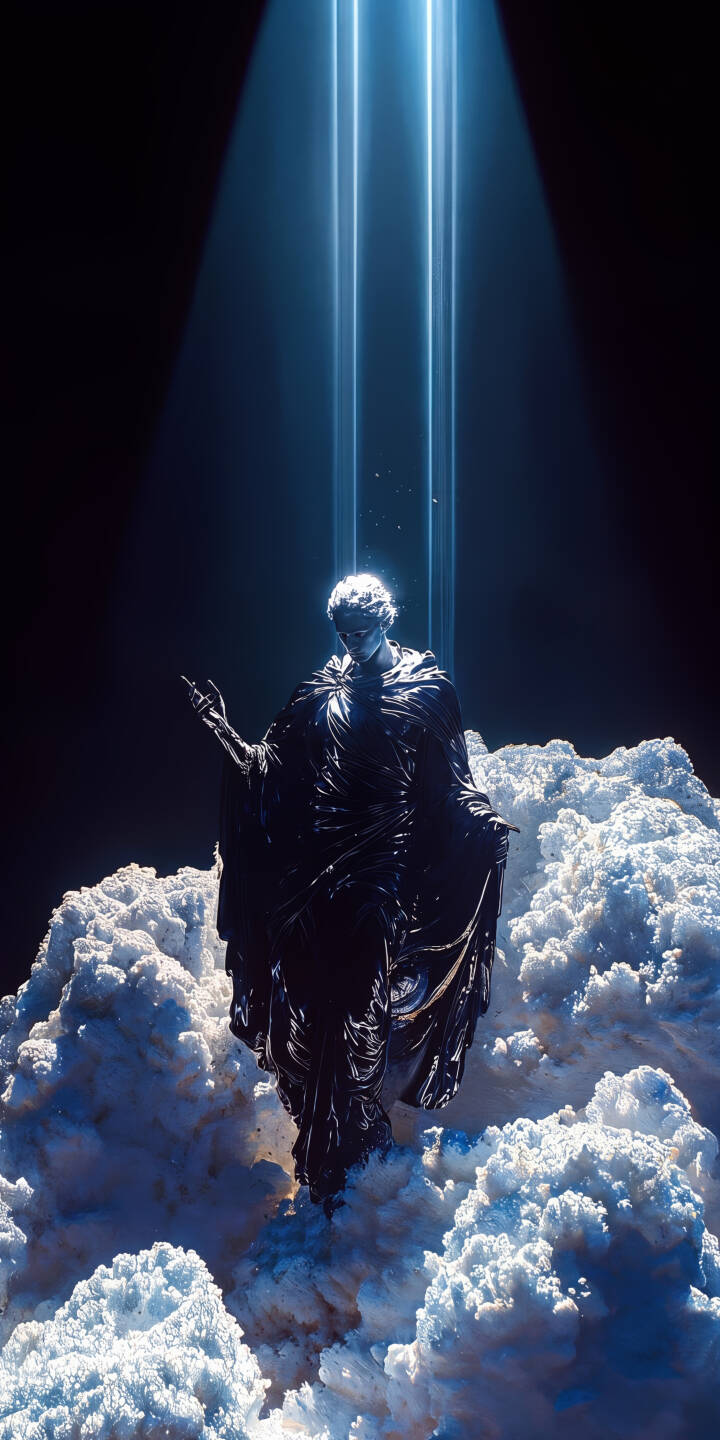 Ethereal blue light beams pierce the darkness, illuminating a majestic robed figure standing upon billowy white clouds in this stunning 4K wallpaper. This captivating digital art makes an epic wallpaper for iPhone, perfect for fans of divine and mysterious aesthetics. | iphone clouds wallpaper blue light mobile 4k wallpaper hd wallpaper dark background epic celestial figure divine statue Ethereal blue light beams pierce the darkness, illuminating a majestic robed figure standing upon billowy white clouds in this stunning 4K wallpaper. This captivating digital art makes an epic wallpaper for iPhone, perfect for fans of divine and mysterious aesthetics.