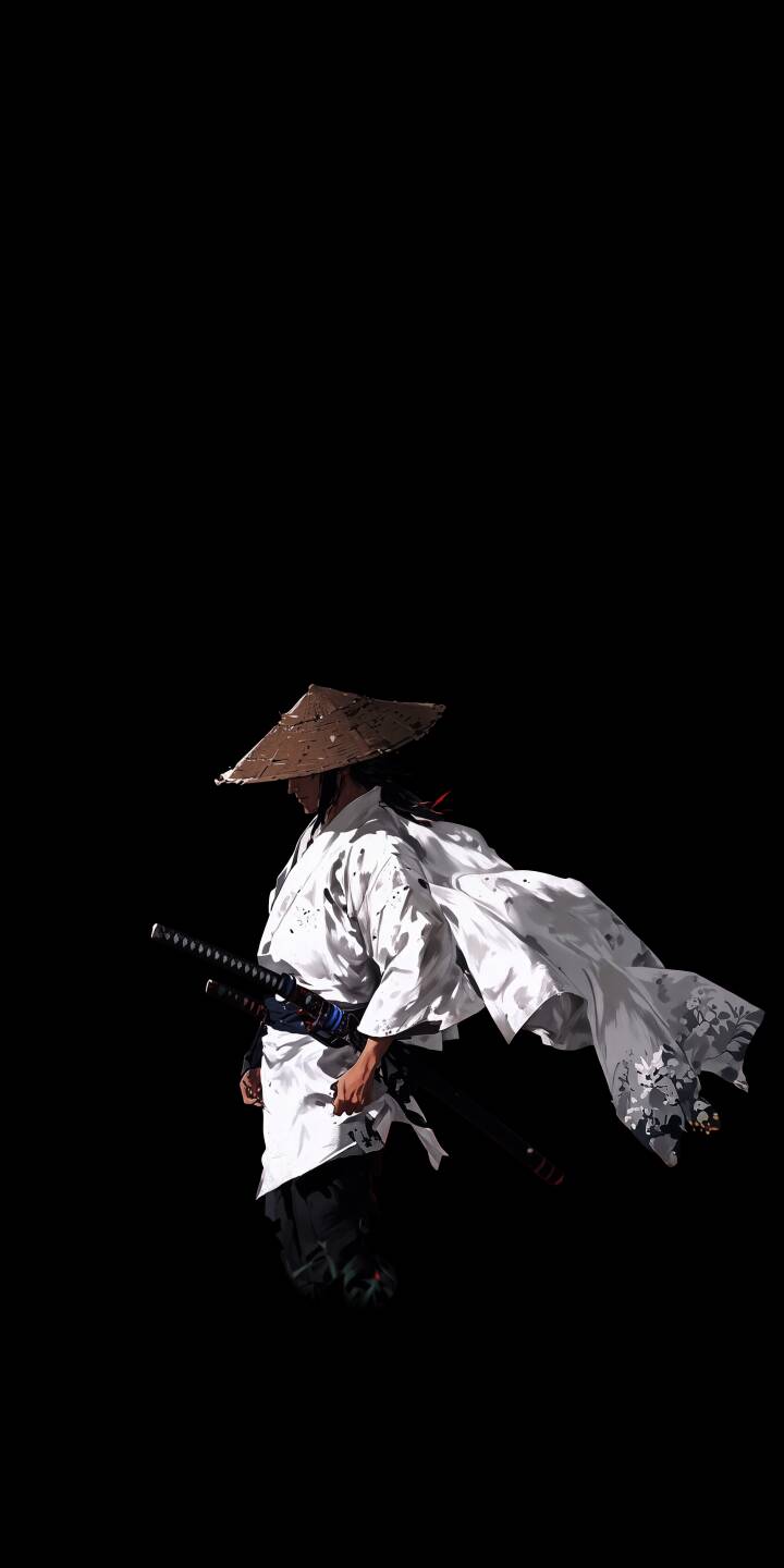 A solitary figure wearing a traditional straw hat and flowing white robe walks with katanas at his side in this elegant 4K samurai wallpaper, perfect for your iPhone. This atmospheric wallpaper captures a moment of quiet determination against a stark black background. | samurai iphone katana wallpaper mobile japanese art 4k wallpaper hd wallpaper dark aesthetic bushido ronin kasa hat A solitary figure wearing a traditional straw hat and flowing white robe walks with katanas at his side in this elegant 4K samurai wallpaper, perfect for your iPhone. This atmospheric wallpaper captures a moment of quiet determination against a stark black background.