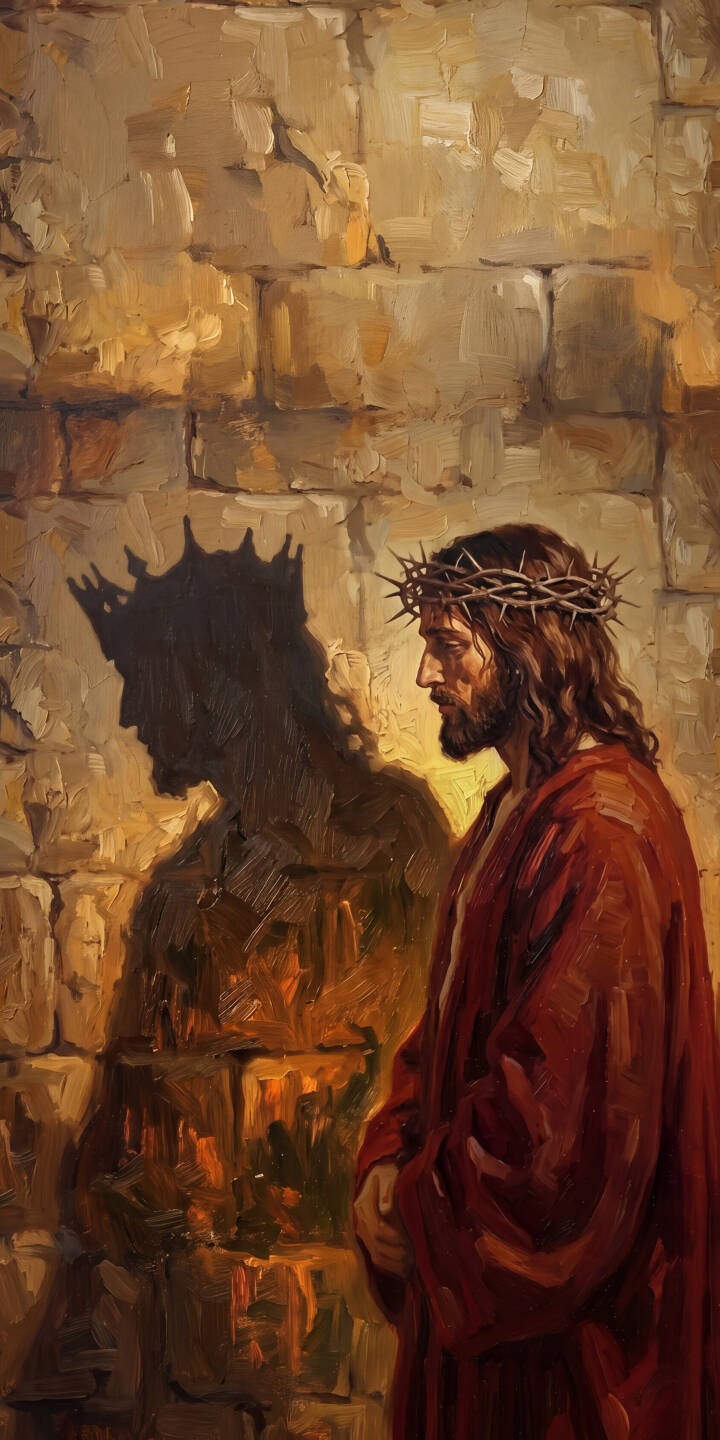 The majestic shadow behind Jesus reveals a king's crown, contrasting with the painful crown of thorns on his head in this profound 4K wallpaper. This stunning oil painting, depicting Christ in a red robe against a brick wall, makes a powerful wallpaper for iPhone users. | iphone wallpaper jesus oil painting mobile 4k wallpaper hd wallpaper christ crown of thorns religious art king shadow The majestic shadow behind Jesus reveals a king's crown, contrasting with the painful crown of thorns on his head in this profound 4K wallpaper. This stunning oil painting, depicting Christ in a red robe against a brick wall, makes a powerful wallpaper for iPhone users.