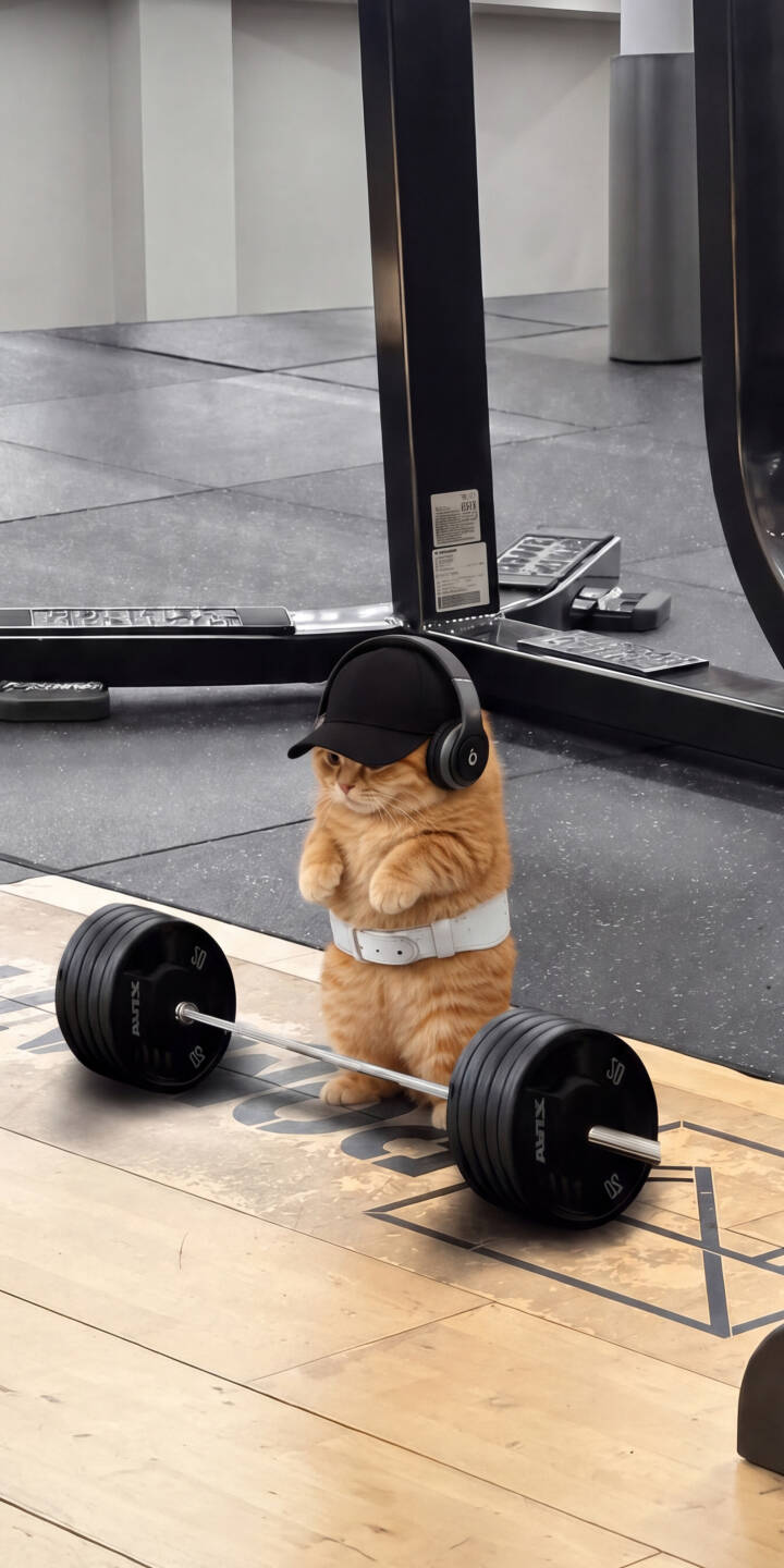 Wearing a cool black cap and headphones, this adorable orange cat flexes with a white weight belt, ready to lift the heavy barbell in this charming 4K gym wallpaper. A purr-fectly motivating wallpaper for iPhone users who love humor and fitness. | funny cat gym cute iphone wallpaper kitten mobile fitness 4k wallpaper hd wallpaper workout Wearing a cool black cap and headphones, this adorable orange cat flexes with a white weight belt, ready to lift the heavy barbell in this charming 4K gym wallpaper. A purr-fectly motivating wallpaper for iPhone users who love humor and fitness.