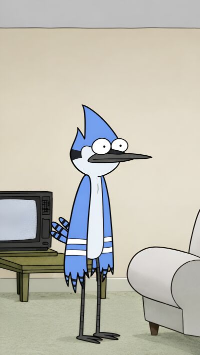 A wide-eyed Mordecai stands alert in a minimalist living room with a vintage TV, perfectly captured in this vibrant 4K wallpaper. This dynamic matching wallpaper brings the iconic Regular Show character to your iPhone, ideal for a shared aesthetic.