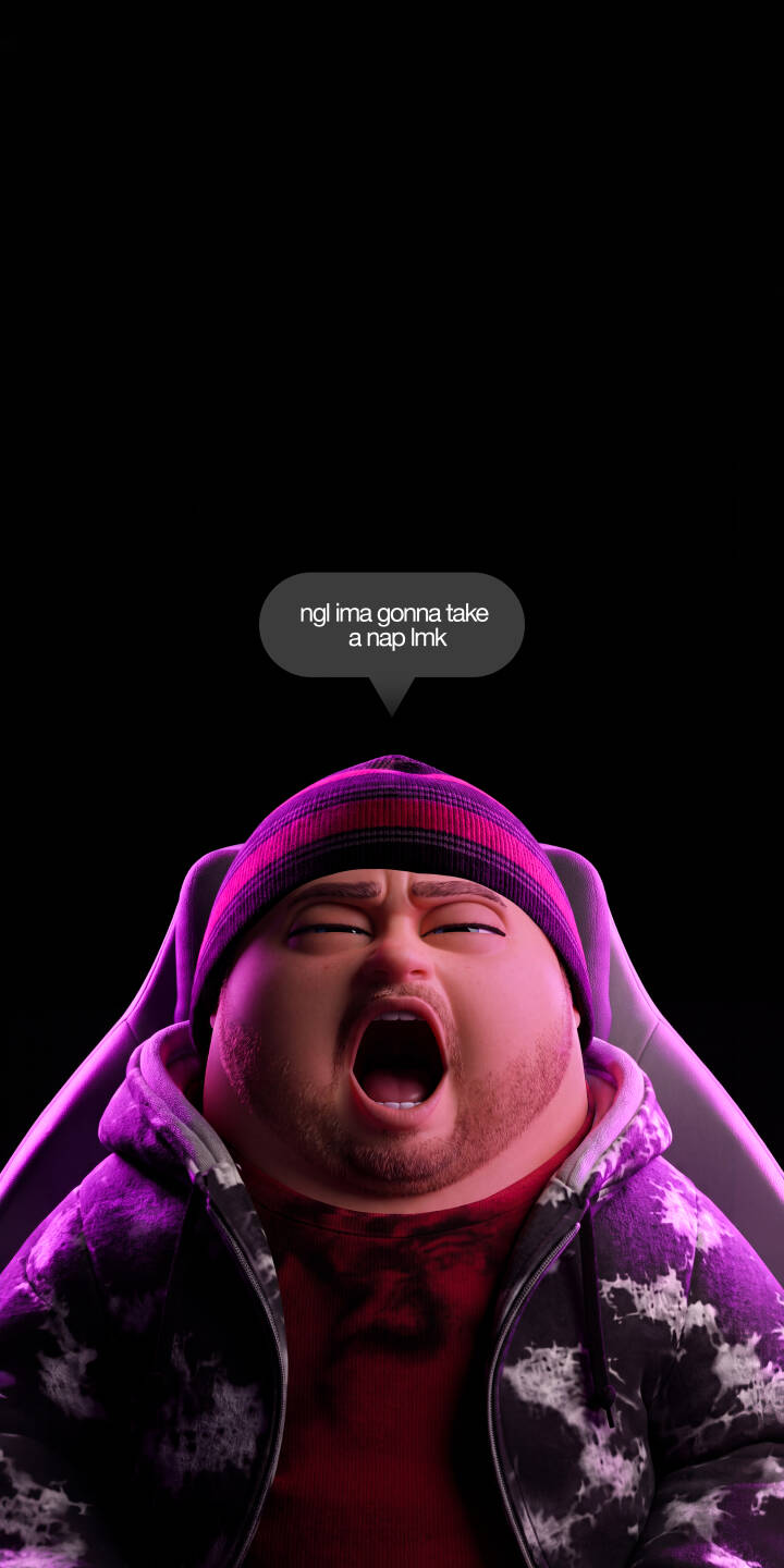 Yawning widely, eyes nearly shut, a character in a vibrant purple beanie and hoodie communicates a relatable "ngl ima gonna take a nap lmk" message under a soft purple glow in this expressive 4K wallpaper. This amusing and stylish wallpaper is an ideal choice for personalizing your iPhone. | funny iphone wallpaper gamer sleepy mobile 4k wallpaper hd wallpaper 3d render beanie yawning nap Yawning widely, eyes nearly shut, a character in a vibrant purple beanie and hoodie communicates a relatable "ngl ima gonna take a nap lmk" message under a soft purple glow in this expressive 4K wallpaper. This amusing and stylish wallpaper is an ideal choice for personalizing your iPhone.
