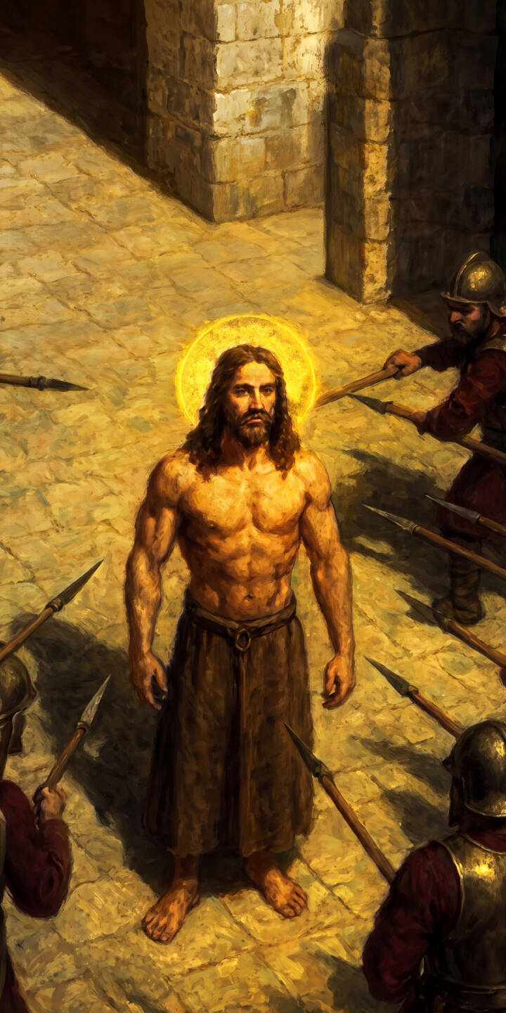 A powerful golden halo radiates behind a muscular Jesus as he stands defiantly amidst soldiers with spears in this striking 4K wallpaper. This epic Christian wallpaper is a must-have for iPhone users seeking profound imagery. | painting iphone wallpaper christian jesus mobile 4k wallpaper hd wallpaper divine epic christ religious art A powerful golden halo radiates behind a muscular Jesus as he stands defiantly amidst soldiers with spears in this striking 4K wallpaper. This epic Christian wallpaper is a must-have for iPhone users seeking profound imagery.