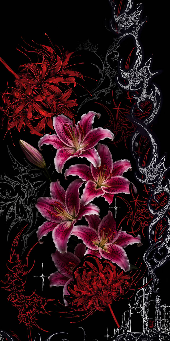 Vibrant deep pink lilies and fiery red spider lilies bloom amidst intricate gothic tendrils on a stark black background in this mesmerizing 4K wallpaper. This stunning floral wallpaper is a perfect aesthetic choice for your iPhone, showcasing detailed botanical beauty. | gothic lily iphone wallpaper mobile floral 4k wallpaper hd wallpaper pink flowers red flowers dark aesthetic spider lily Vibrant deep pink lilies and fiery red spider lilies bloom amidst intricate gothic tendrils on a stark black background in this mesmerizing 4K wallpaper. This stunning floral wallpaper is a perfect aesthetic choice for your iPhone, showcasing detailed botanical beauty.