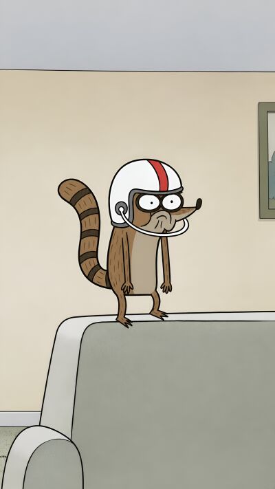 A wide-eyed Mordecai stands alert in a minimalist living room with a vintage TV, perfectly captured in this vibrant 4K wallpaper. This dynamic matching wallpaper brings the iconic Regular Show character to your iPhone, ideal for a shared aesthetic.