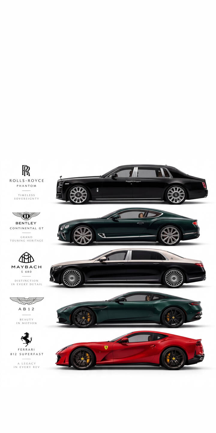 A stunning vertical lineup of five iconic luxury cars, including a sleek black Rolls-Royce and a vibrant red Ferrari, is showcased in this pristine 4K wallpaper — an exquisite wallpaper for iPhone enthusiasts who appreciate automotive excellence. | iphone ferrari wallpaper mobile 4k wallpaper hd wallpaper automotive luxury cars supercars rolls-royce sports cars car brands A stunning vertical lineup of five iconic luxury cars, including a sleek black Rolls-Royce and a vibrant red Ferrari, is showcased in this pristine 4K wallpaper — an exquisite wallpaper for iPhone enthusiasts who appreciate automotive excellence.