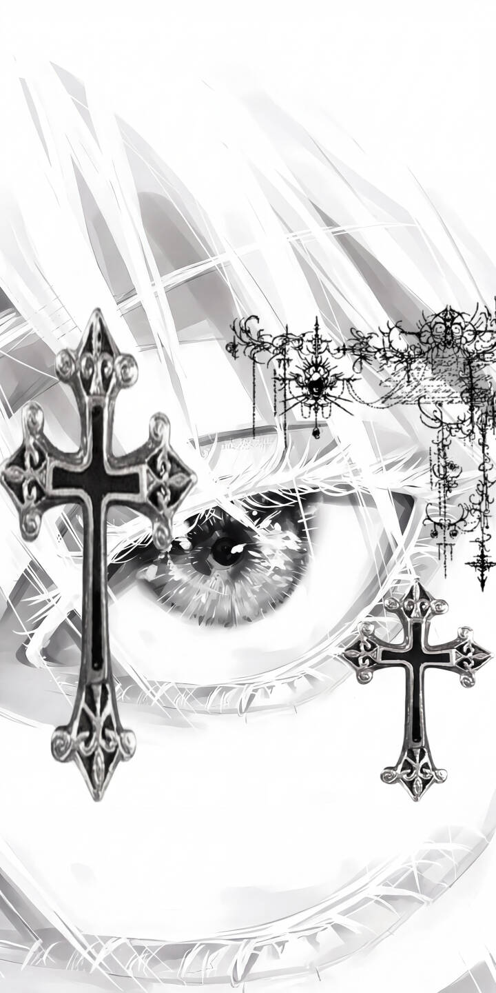An ethereal gaze from a detailed grey eye dominates this captivating 4K wallpaper, set against flowing white streaks and striking gothic crosses, making it a perfect iPhone wallpaper for fans of the mysterious and angelic aesthetic. | aesthetic cross eye gothic iphone fantasy wallpaper mobile angelic 4k wallpaper hd wallpaper monochrome An ethereal gaze from a detailed grey eye dominates this captivating 4K wallpaper, set against flowing white streaks and striking gothic crosses, making it a perfect iPhone wallpaper for fans of the mysterious and angelic aesthetic.