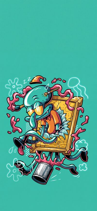 A vibrant Spongebob Squarepants joyfully prepares Krabby Patties with an excited expression and flying ingredients, making this dynamic 4K wallpaper a perfect fit for your iPhone. This Spongebob wallpaper is designed as part of a unique matching set for three friends to share.
