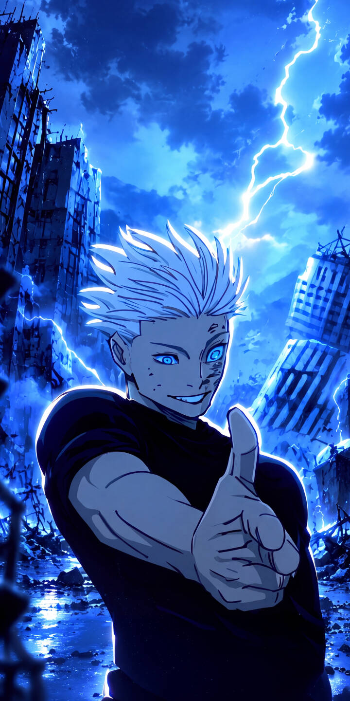 Intense blue lightning strikes dramatically behind a charismatic anime character with bright blue eyes and subtle face scars, flashing a confident thumbs-up in this striking 4K wallpaper -- an epic iPhone wallpaper perfect for fans of dynamic visuals. | lightning anime iphone wallpaper electric gojo mobile blue aesthetic 4k wallpaper hd wallpaper glowing eyes ruins Intense blue lightning strikes dramatically behind a charismatic anime character with bright blue eyes and subtle face scars, flashing a confident thumbs-up in this striking 4K wallpaper -- an epic iPhone wallpaper perfect for fans of dynamic visuals.