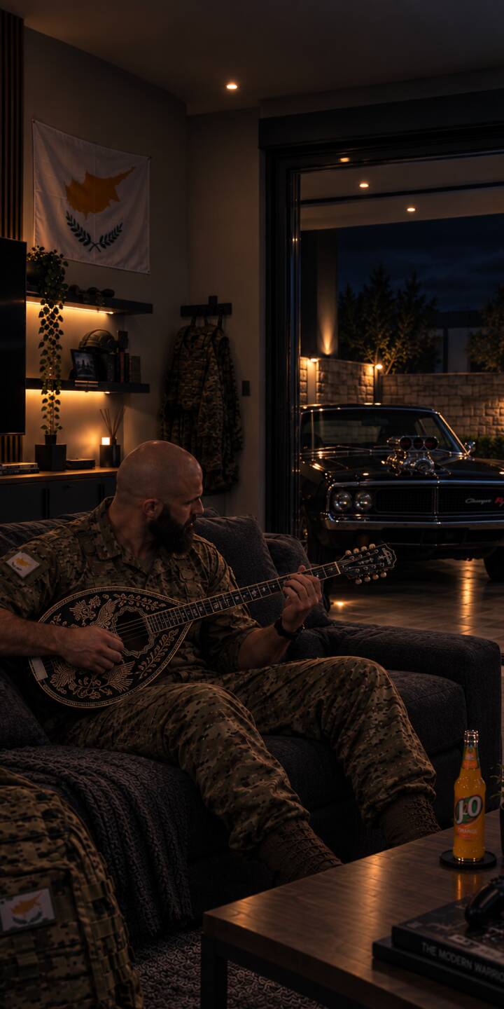 Under soft, warm lights, a man in full military camouflage relaxes on a sofa, gracefully playing an intricately detailed bouzouki in this atmospheric 4K wallpaper. Beyond the open glass doors, a powerful black classic Dodge Charger sits silently, making this a unique wallpaper for iPhone showcasing a blend of strength and artistry. | dream Under soft, warm lights, a man in full military camouflage relaxes on a sofa, gracefully playing an intricately detailed bouzouki in this atmospheric 4K wallpaper. Beyond the open glass doors, a powerful black classic Dodge Charger sits silently, making this a unique wallpaper for iPhone showcasing a blend of strength and artistry.