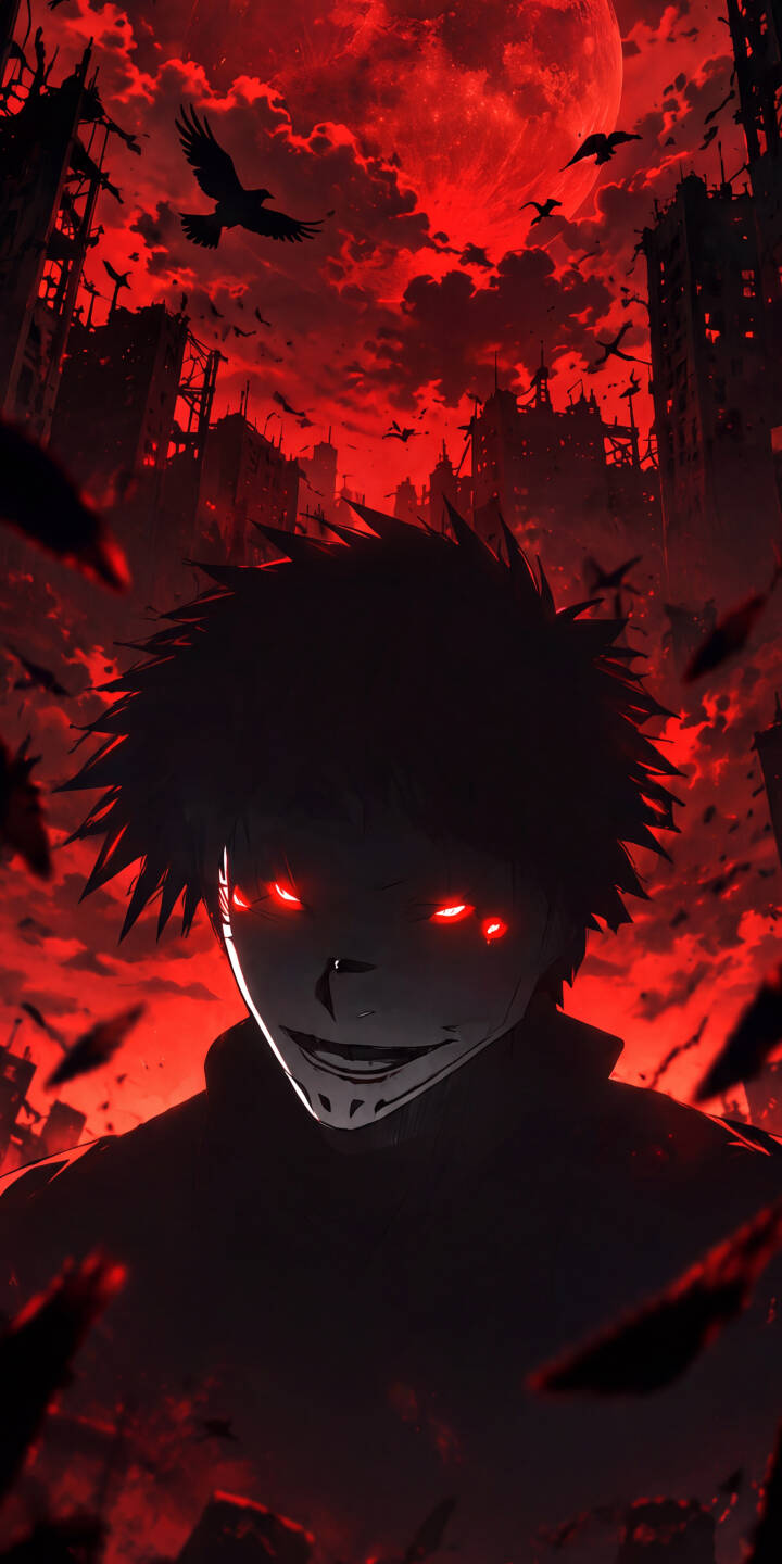 Glowing red eyes pierce through the darkness, complementing the unsettling grin on this shadowy anime figure, set against an apocalyptic landscape under a massive red moon. This striking 4K wallpaper with its blood-red aesthetic makes a menacing wallpaper for any iPhone user. | iphone wallpaper horror anime character mobile 4k wallpaper hd wallpaper shadow figure red moon dark aesthetic glowing eyes apocalyptic Glowing red eyes pierce through the darkness, complementing the unsettling grin on this shadowy anime figure, set against an apocalyptic landscape under a massive red moon. This striking 4K wallpaper with its blood-red aesthetic makes a menacing wallpaper for any iPhone user.