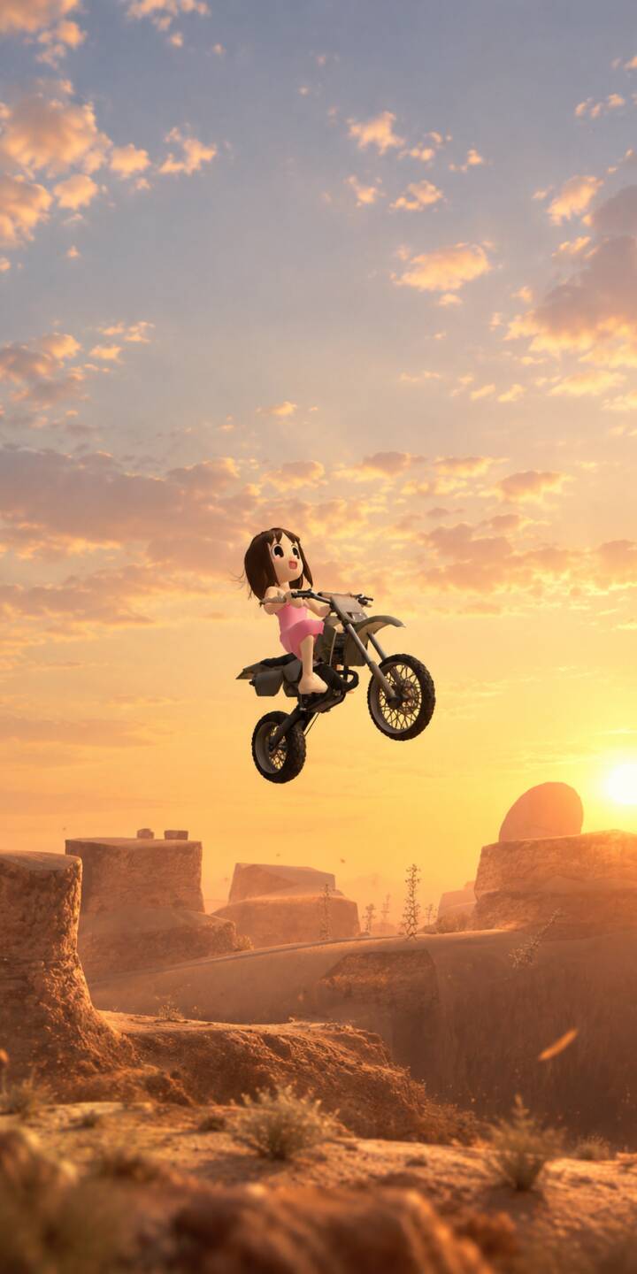 Bathed in the golden hues of a beautiful sunset, a stylized cartoon girl in a pink dress fearlessly soars on her dirt bike above a warm desert landscape. This vibrant 4K wallpaper is a perfect choice for iPhone enthusiasts looking for an adventurous backdrop. | osaka Bathed in the golden hues of a beautiful sunset, a stylized cartoon girl in a pink dress fearlessly soars on her dirt bike above a warm desert landscape. This vibrant 4K wallpaper is a perfect choice for iPhone enthusiasts looking for an adventurous backdrop.