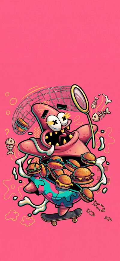 A vibrant Spongebob Squarepants joyfully prepares Krabby Patties with an excited expression and flying ingredients, making this dynamic 4K wallpaper a perfect fit for your iPhone. This Spongebob wallpaper is designed as part of a unique matching set for three friends to share.