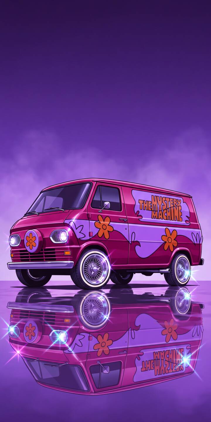 The vibrant purple glow emanates from the iconic Mystery Machine as it reflects perfectly on a mirrored surface in this striking 4K wallpaper. This dynamic wallpaper, featuring sparkling chrome wheels and illuminated headlights, is a must-have for iPhone users. | classic van reflection iphone retro wallpaper mobile scooby doo mystery machine 4k wallpaper hd wallpaper purple aesthetic The vibrant purple glow emanates from the iconic Mystery Machine as it reflects perfectly on a mirrored surface in this striking 4K wallpaper. This dynamic wallpaper, featuring sparkling chrome wheels and illuminated headlights, is a must-have for iPhone users.