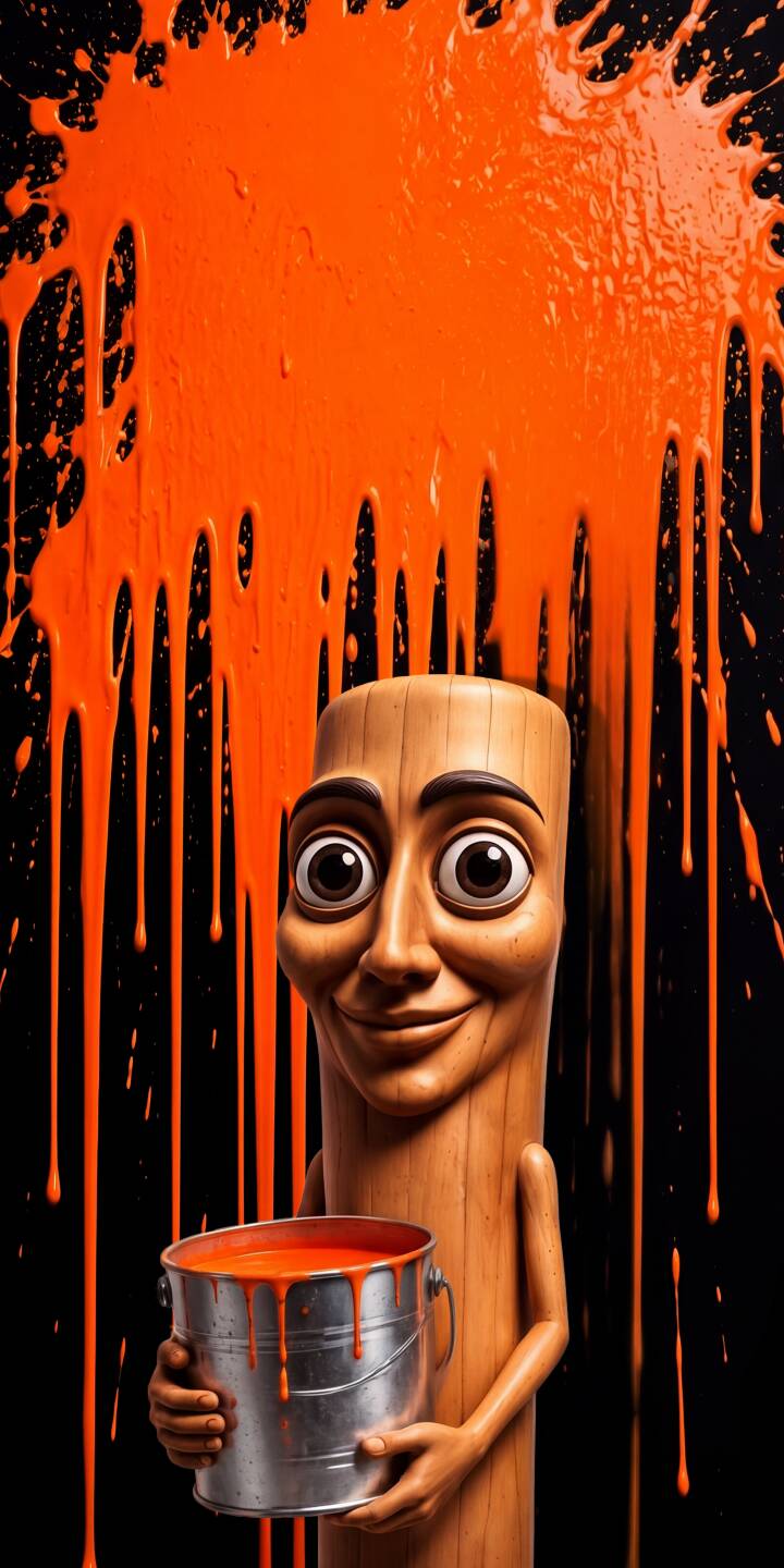 Vibrant orange paint drips strikingly down a black background as a smiling wooden character holds a matching bucket of paint in this dynamic 4K wallpaper. This unique artwork makes for an eye-catching iPhone wallpaper. | cartoon iphone abstract wallpaper vibrant mobile 4k wallpaper hd wallpaper funny art paint drips wooden character orange paint Vibrant orange paint drips strikingly down a black background as a smiling wooden character holds a matching bucket of paint in this dynamic 4K wallpaper. This unique artwork makes for an eye-catching iPhone wallpaper.