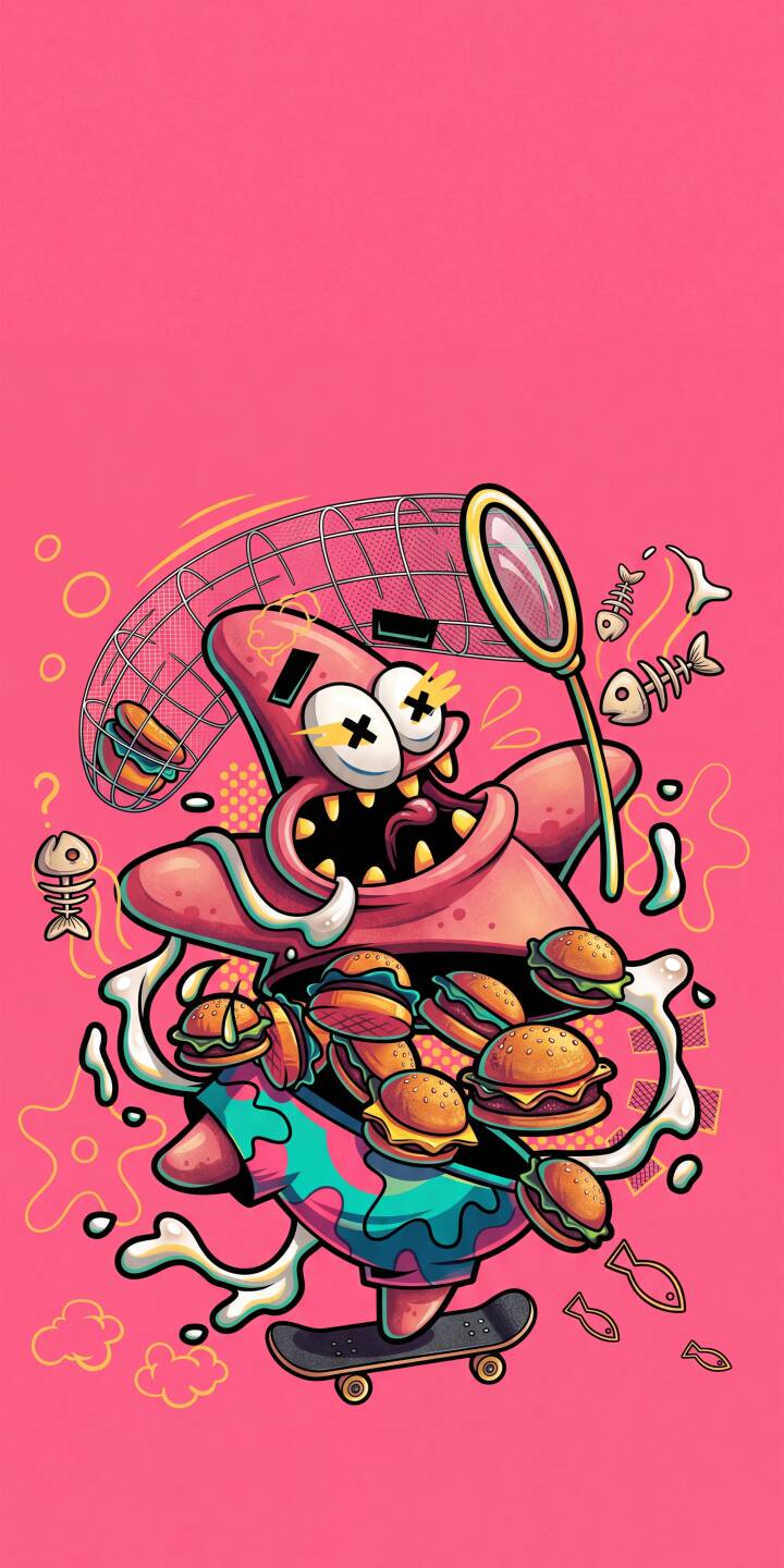 With wild, crossed eyes and his tongue lolling out, Patrick Star frantically snatches burgers from the air with a net while riding a skateboard on a vibrant pink background in this eye-catching 4K wallpaper. This unique, graffiti-style Patrick Star wallpaper is perfect for personalizing your iPhone. | cartoon spongebob patrick iphone wallpaper skateboard burger patrick star mobile pink aesthetic 4k wallpaper hd wallpaper With wild, crossed eyes and his tongue lolling out, Patrick Star frantically snatches burgers from the air with a net while riding a skateboard on a vibrant pink background in this eye-catching 4K wallpaper. This unique, graffiti-style Patrick Star wallpaper is perfect for personalizing your iPhone.