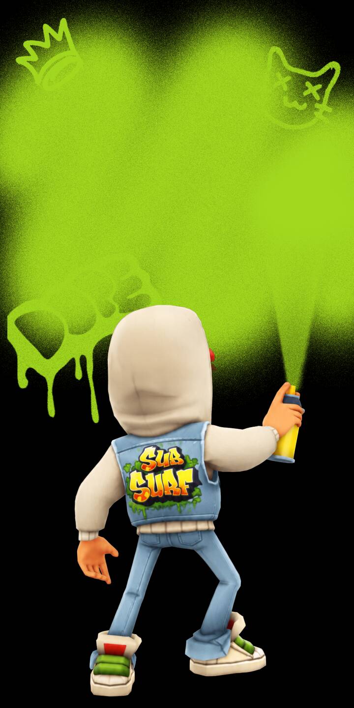 Striking lime green spray paint explodes across the black canvas as Jake, the iconic Subway Surfer, tags the wall with graffiti art in this dynamic 4K wallpaper. This vibrant wallpaper featuring a crown and cat tag is perfect for your iPhone, showcasing an urban creative vibe. | aesthetic urban iphone gaming wallpaper graffiti mobile spray paint 4k wallpaper hd wallpaper lime green jake subway surfers Striking lime green spray paint explodes across the black canvas as Jake, the iconic Subway Surfer, tags the wall with graffiti art in this dynamic 4K wallpaper. This vibrant wallpaper featuring a crown and cat tag is perfect for your iPhone, showcasing an urban creative vibe.