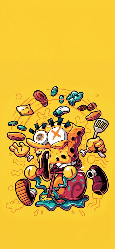 A vibrant Spongebob Squarepants joyfully prepares Krabby Patties with an excited expression and flying ingredients, making this dynamic 4K wallpaper a perfect fit for your iPhone. This Spongebob wallpaper is designed as part of a unique matching set for three friends to share.