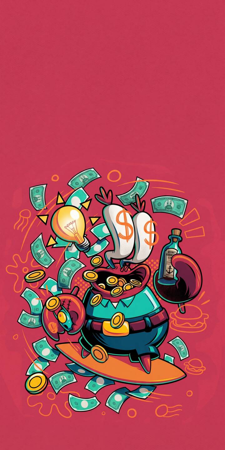 Floating bills and coins cascade around a jubilant, crab-like figure with dollar-sign eyes, illuminated by a glowing lightbulb in this vibrant 4K wallpaper. This dynamic wallpaper is a perfect iPhone background for anyone who loves money, ideas, or quirky cartoon art. | cartoon money iphone wallpaper dollars mr krabs mobile 4k wallpaper hd wallpaper wealth crab idea Floating bills and coins cascade around a jubilant, crab-like figure with dollar-sign eyes, illuminated by a glowing lightbulb in this vibrant 4K wallpaper. This dynamic wallpaper is a perfect iPhone background for anyone who loves money, ideas, or quirky cartoon art.
