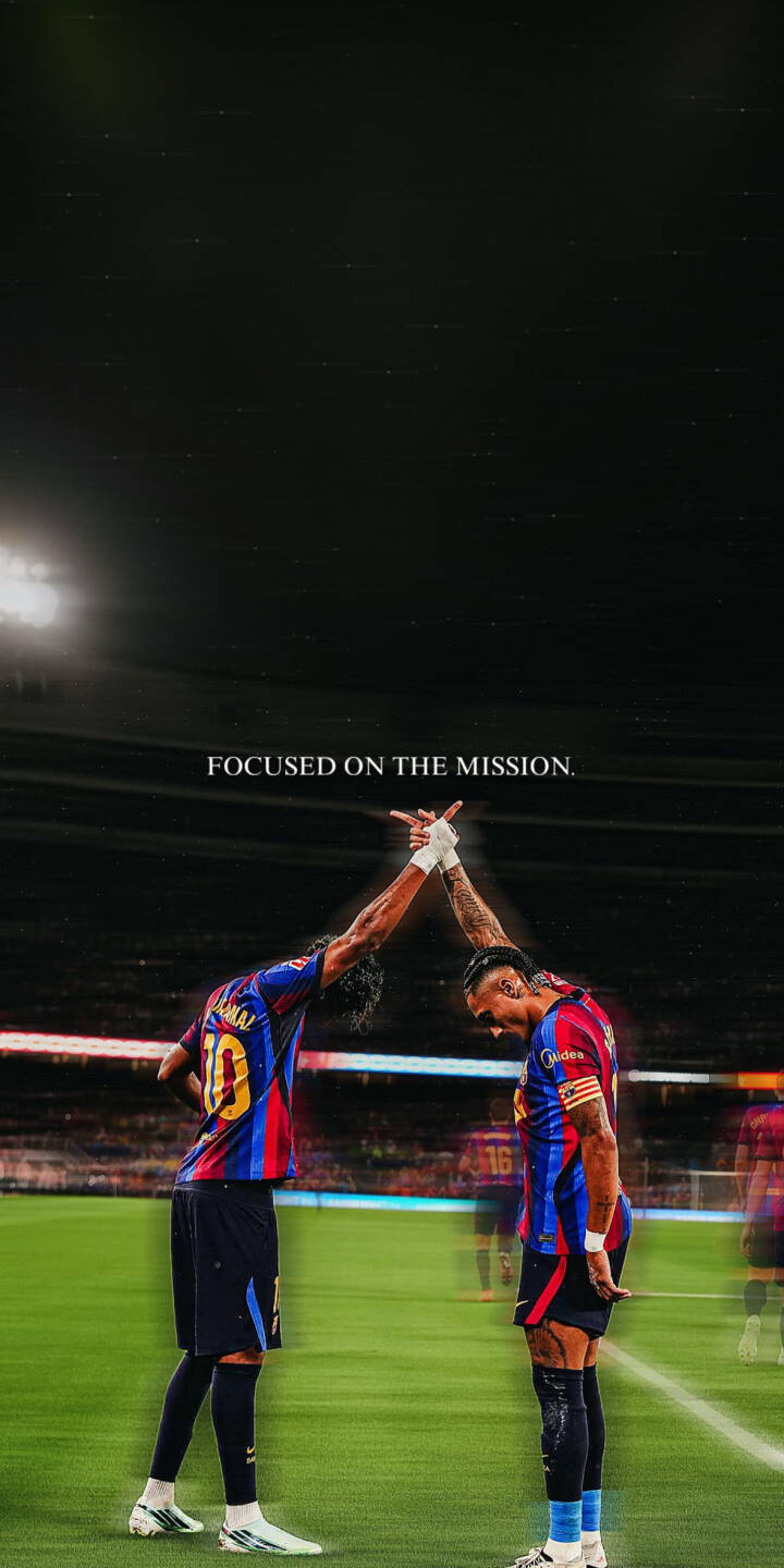 Two FC Barcelona players touch hands with intense focus, framed by the motivational text "FOCUSED ON THE MISSION.", creating a powerful 4K wallpaper - an inspiring football wallpaper for iPhone fans ready for action. | sports football stadium motivation iphone soccer barcelona wallpaper lamine yamal fc barcelona mobile 4k wallpaper hd wallpaper raphinha 11 lamine x raphinha Two FC Barcelona players touch hands with intense focus, framed by the motivational text "FOCUSED ON THE MISSION.", creating a powerful 4K wallpaper - an inspiring football wallpaper for iPhone fans ready for action.