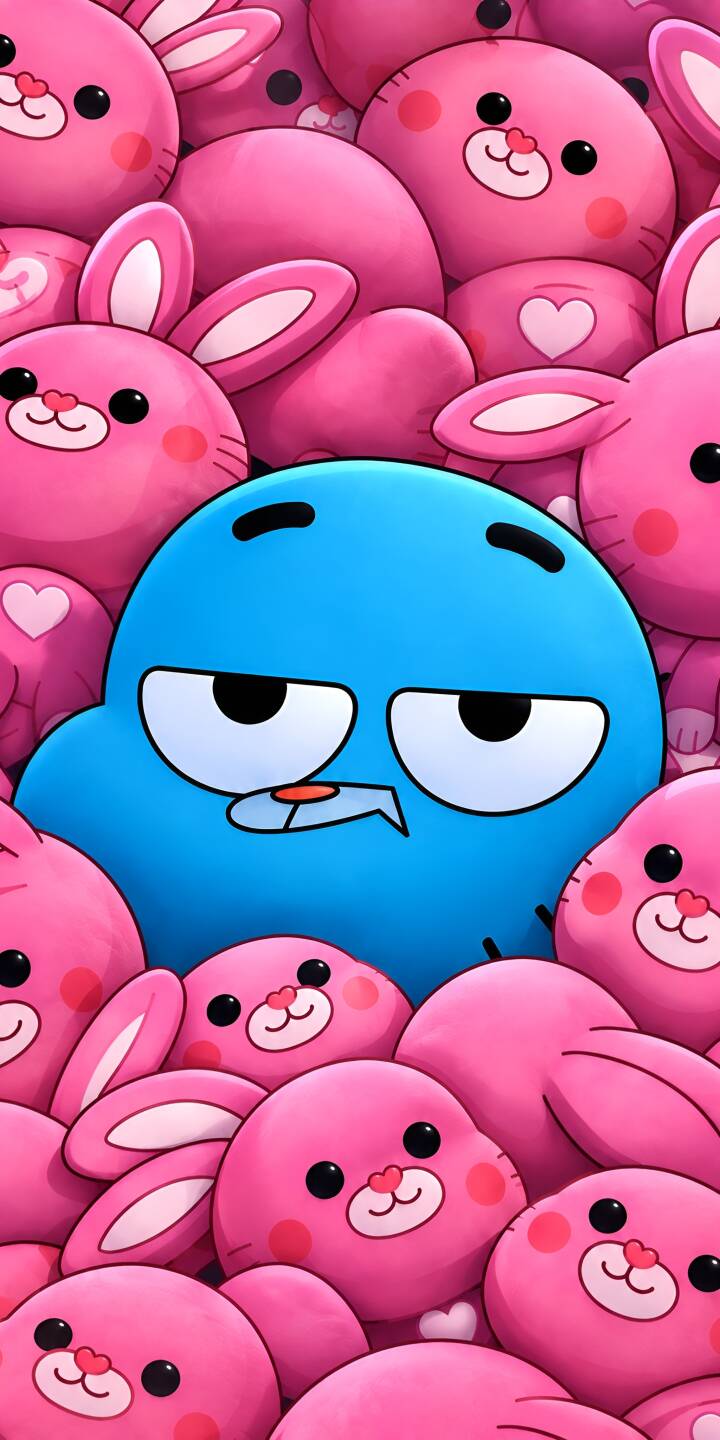 A grumpy Gumball Watterson peeks out from a playful sea of pink plush bunnies, delivering a classic annoyed expression in this vibrant 4K wallpaper. This delightful wallpaper is perfect for personalizing your iPhone with a touch of whimsy. | pink blue 4k gumball amazing world of gumball A grumpy Gumball Watterson peeks out from a playful sea of pink plush bunnies, delivering a classic annoyed expression in this vibrant 4K wallpaper. This delightful wallpaper is perfect for personalizing your iPhone with a touch of whimsy.