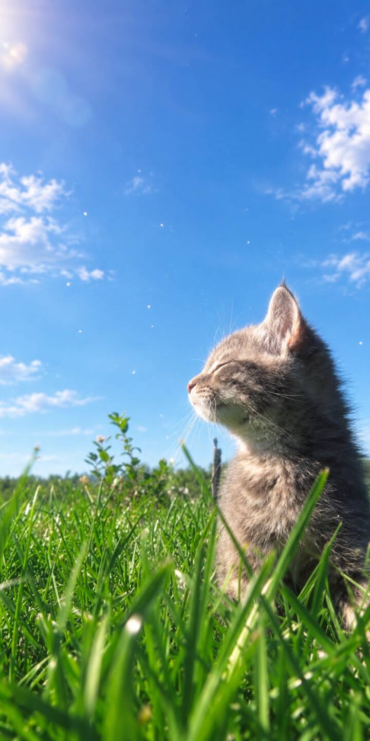 The adorable grey kitten closes its eyes in contentment, basking in bright sunshine amidst vibrant green grass. This charming 4K wallpaper captures a perfect moment of peace, ideal for your iPhone. | cat cute nature kitten sunlight The adorable grey kitten closes its eyes in contentment, basking in bright sunshine amidst vibrant green grass. This charming 4K wallpaper captures a perfect moment of peace, ideal for your iPhone.