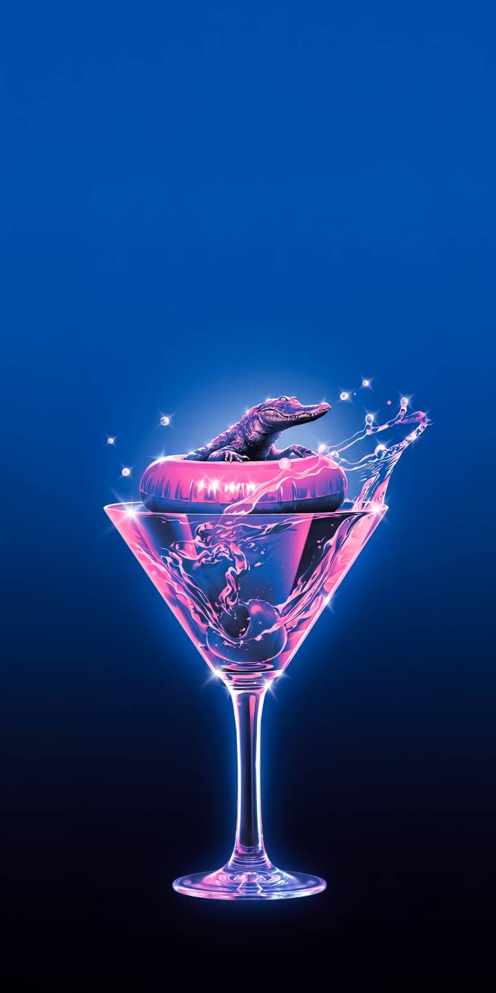 A miniature alligator floats serenely in a glowing pink inflatable ring within a vibrant, neon-lit martini glass in this stunning 4K wallpaper for iPhone. Splashing liquid and subtle sparkles add a dynamic touch to this aesthetic wallpaper. | aesthetic neon iphone synthwave wallpaper mobile martini glowing 4k wallpaper hd wallpaper reptile alligator A miniature alligator floats serenely in a glowing pink inflatable ring within a vibrant, neon-lit martini glass in this stunning 4K wallpaper for iPhone. Splashing liquid and subtle sparkles add a dynamic touch to this aesthetic wallpaper.
