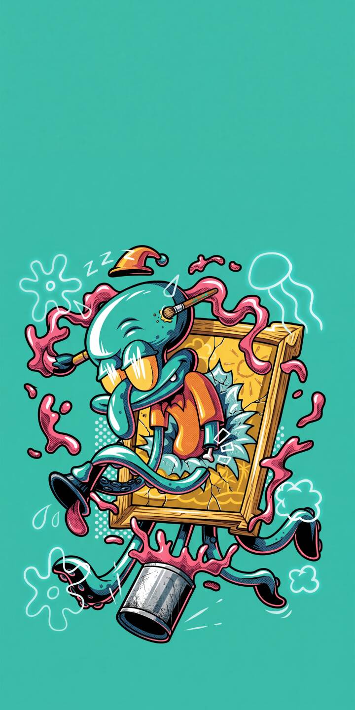 Sporting cool sunglasses and a paintbrush, Squidward bursts from a cracked frame amidst vibrant pink splatters in this dynamic 4K wallpaper — a must-have iPhone wallpaper for fans of the iconic character. | cartoon artist teal squidward iphone wallpaper mobile spongebob squarepants 4k wallpaper hd wallpaper pop art squidward tentacles Sporting cool sunglasses and a paintbrush, Squidward bursts from a cracked frame amidst vibrant pink splatters in this dynamic 4K wallpaper — a must-have iPhone wallpaper for fans of the iconic character.