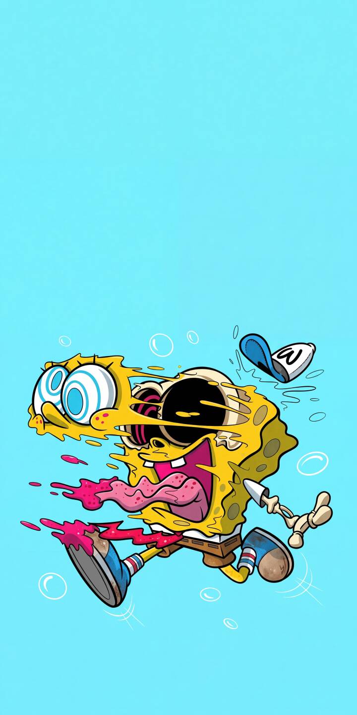 SpongeBob SquarePants' face appears to melt into a vibrant, distorted frenzy, featuring wild spiraling eyes and a huge pink tongue with dripping liquid against a bright blue background. This unique 4K cartoon wallpaper, with a backwards cap flying off, creates an energetic wallpaper for iPhone users looking for something different. | cartoon aesthetic spongebob iphone wallpaper mobile spongebob squarepants melting trippy 4k wallpaper hd wallpaper distorted SpongeBob SquarePants' face appears to melt into a vibrant, distorted frenzy, featuring wild spiraling eyes and a huge pink tongue with dripping liquid against a bright blue background. This unique 4K cartoon wallpaper, with a backwards cap flying off, creates an energetic wallpaper for iPhone users looking for something different.