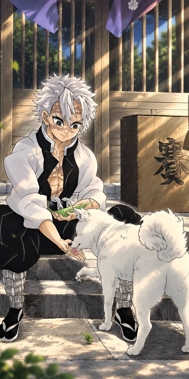 A heartwarming moment unfolds as a white dog gently licks Shinazugawa Sanemi's hand, showcasing his rarely seen tender side in this stunning 4K anime wallpaper. This detailed wallpaper is perfect for any Demon Slayer fan looking for a unique iPhone background. | anime 4k sanemi shinazugawa demon slayer kimetsu no yaiba A heartwarming moment unfolds as a white dog gently licks Shinazugawa Sanemi's hand, showcasing his rarely seen tender side in this stunning 4K anime wallpaper. This detailed wallpaper is perfect for any Demon Slayer fan looking for a unique iPhone background.