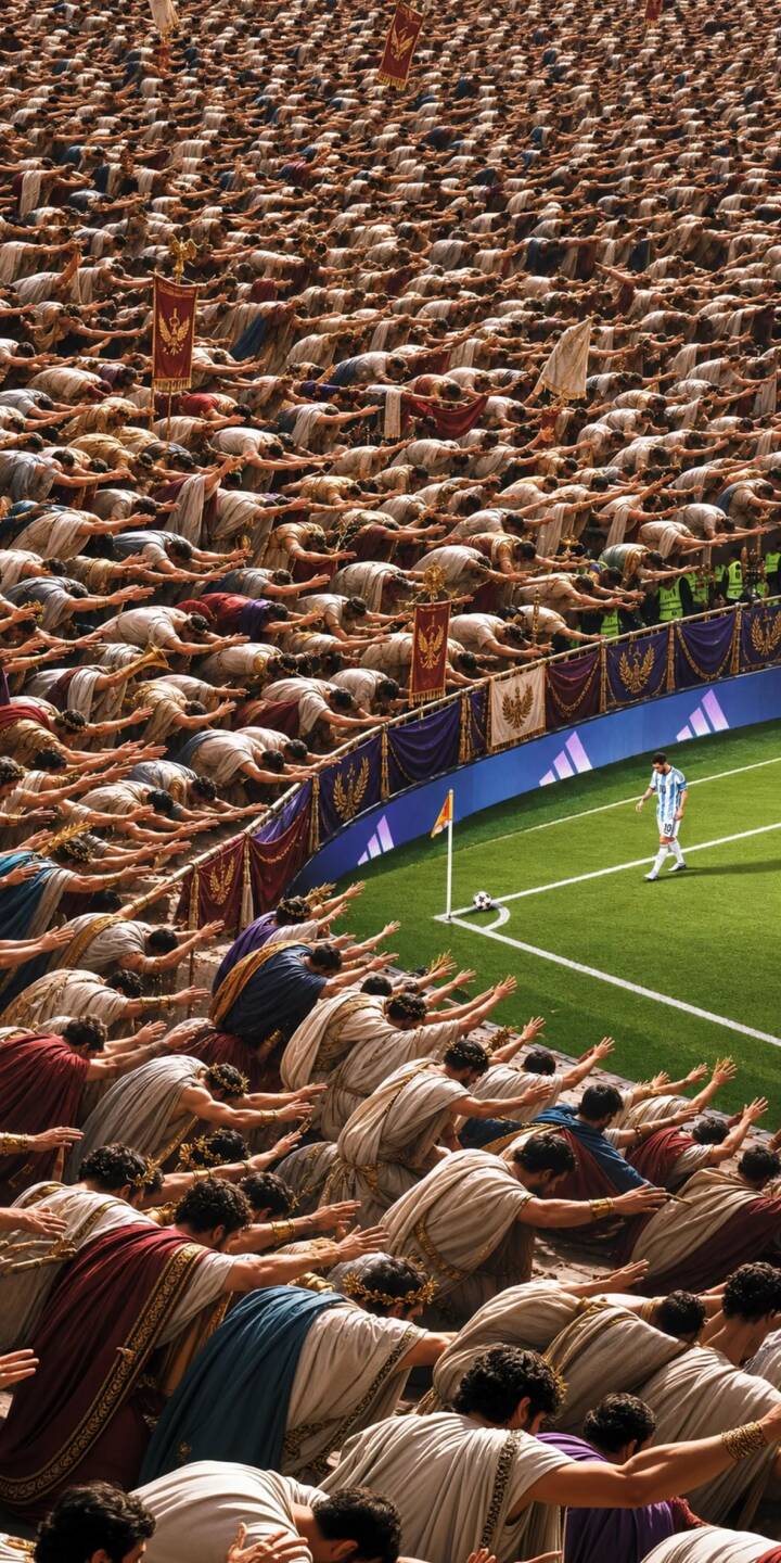 Thousands of figures in ancient Roman attire are prostrated in awe towards a single modern soccer player on a pristine stadium field, creating an incredible juxtaposition in this stunning 4K wallpaper — an epic iPhone wallpaper for those who appreciate unique visuals. | football crowd iphone messi fantasy soccer wallpaper mobile 4k wallpaper hd wallpaper epic ancient rome Thousands of figures in ancient Roman attire are prostrated in awe towards a single modern soccer player on a pristine stadium field, creating an incredible juxtaposition in this stunning 4K wallpaper — an epic iPhone wallpaper for those who appreciate unique visuals.