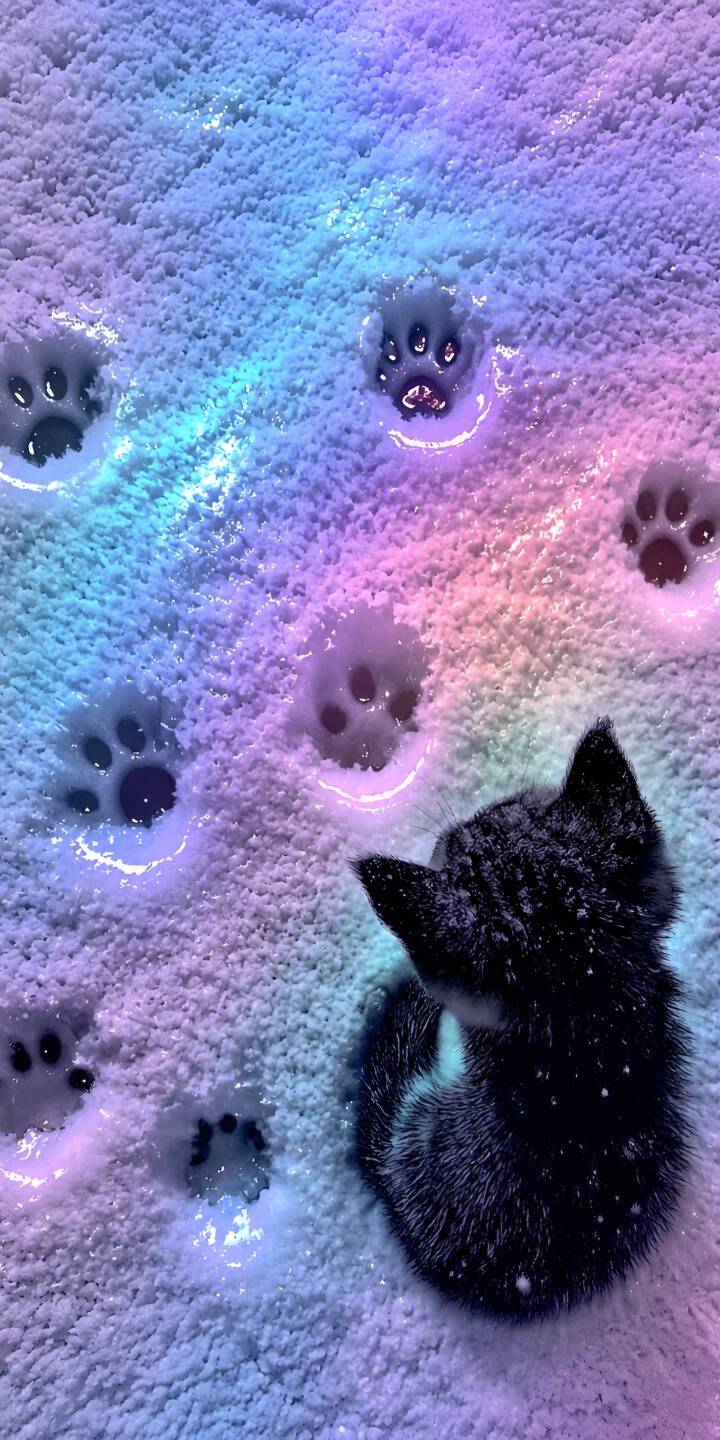 Iridescent pastel light illuminates a field of soft snow, highlighting glowing cat paw prints as a fluffy black kitten gazes curiously at them in this enchanting 4K wallpaper. This delightful wallpaper is a must-have for iPhone fans seeking a unique aesthetic. | snow rainbow 4k cute kitten Iridescent pastel light illuminates a field of soft snow, highlighting glowing cat paw prints as a fluffy black kitten gazes curiously at them in this enchanting 4K wallpaper. This delightful wallpaper is a must-have for iPhone fans seeking a unique aesthetic.