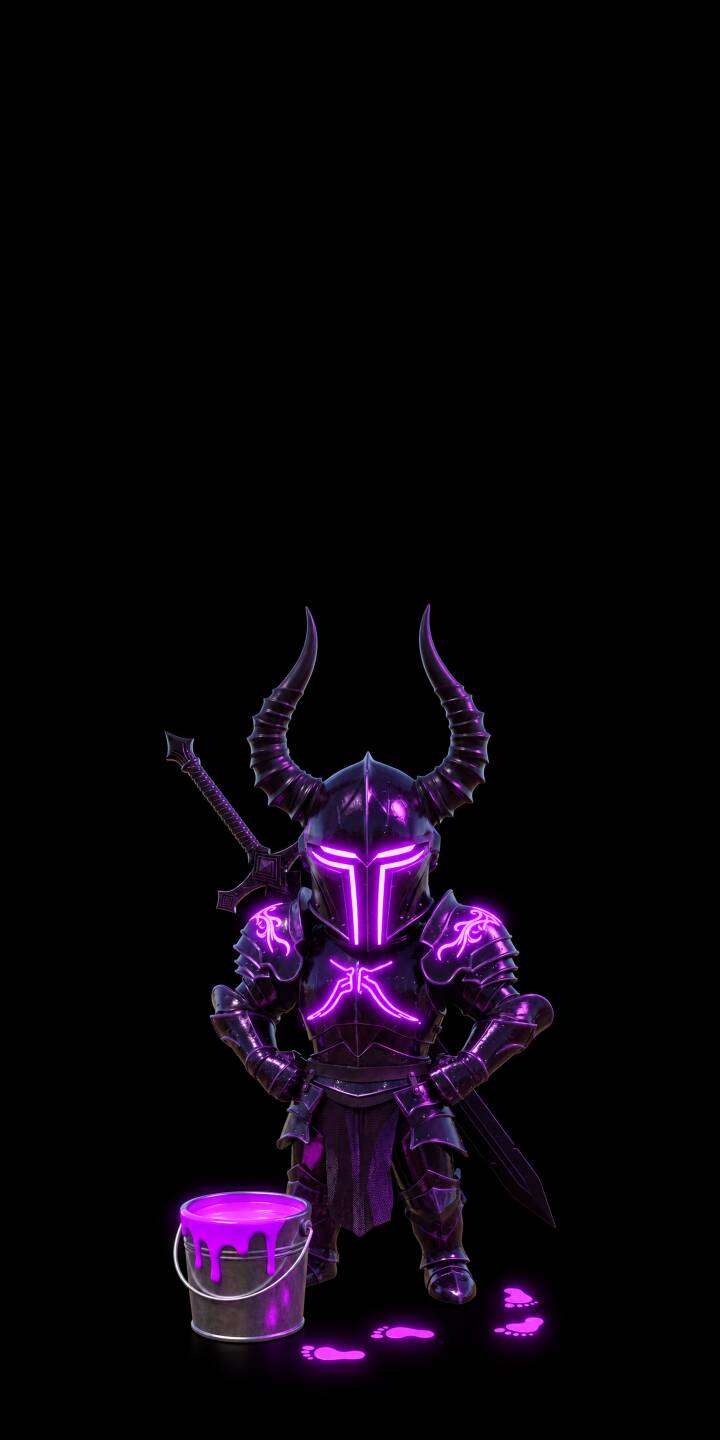 Glowing purple neon illuminates the dark, horned armor of this adorable chibi knight, standing by a spilled paint bucket in this striking 4K wallpaper. A perfect fantasy wallpaper for iPhone, showcasing detailed glowing accents and a unique aesthetic. | purple neon knight iphone wallpaper mobile glowing 4k wallpaper hd wallpaper dark aesthetic chibi knight horned knight Glowing purple neon illuminates the dark, horned armor of this adorable chibi knight, standing by a spilled paint bucket in this striking 4K wallpaper. A perfect fantasy wallpaper for iPhone, showcasing detailed glowing accents and a unique aesthetic.