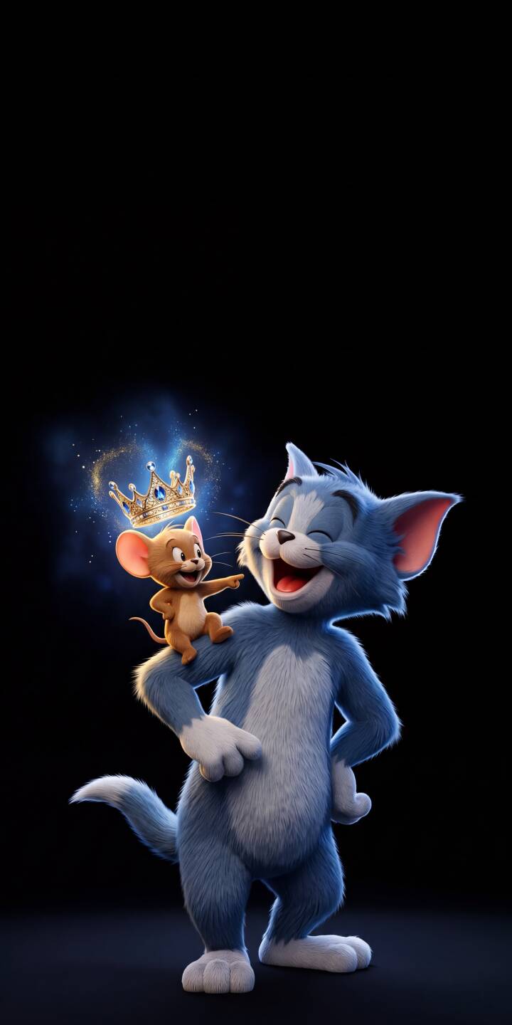 Tom the cat roars with laughter while Jerry the mouse stands proudly on his shoulder with a magical glowing crown in this stunning 4K wallpaper, perfect for iPhone users seeking a fun, animated wallpaper. | cartoon funny crown animated iphone tom tom and jerry jerry wallpaper mobile 4k wallpaper hd wallpaper Tom the cat roars with laughter while Jerry the mouse stands proudly on his shoulder with a magical glowing crown in this stunning 4K wallpaper, perfect for iPhone users seeking a fun, animated wallpaper.