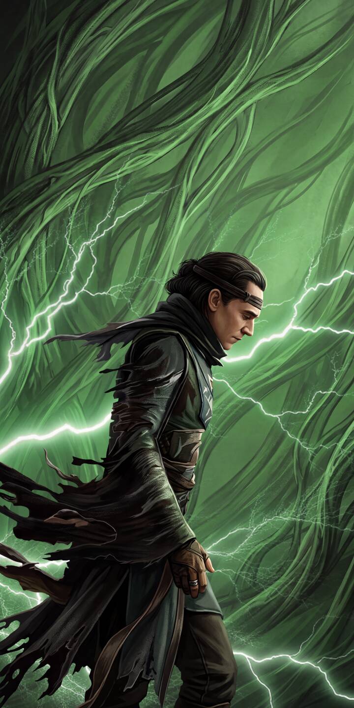 Intense green lightning streaks through a dark, organic backdrop as a pensive Loki, adorned in tattered, dark robes, gazes downwards in this mystical 4K wallpaper. This captivating Loki wallpaper is a must-have for iPhone users who appreciate the God of Mischief's complex character. | marvel iphone wallpaper mobile 4k wallpaper hd wallpaper dark aesthetic mcu fantasy art loki god of mischief green lightning Intense green lightning streaks through a dark, organic backdrop as a pensive Loki, adorned in tattered, dark robes, gazes downwards in this mystical 4K wallpaper. This captivating Loki wallpaper is a must-have for iPhone users who appreciate the God of Mischief's complex character.