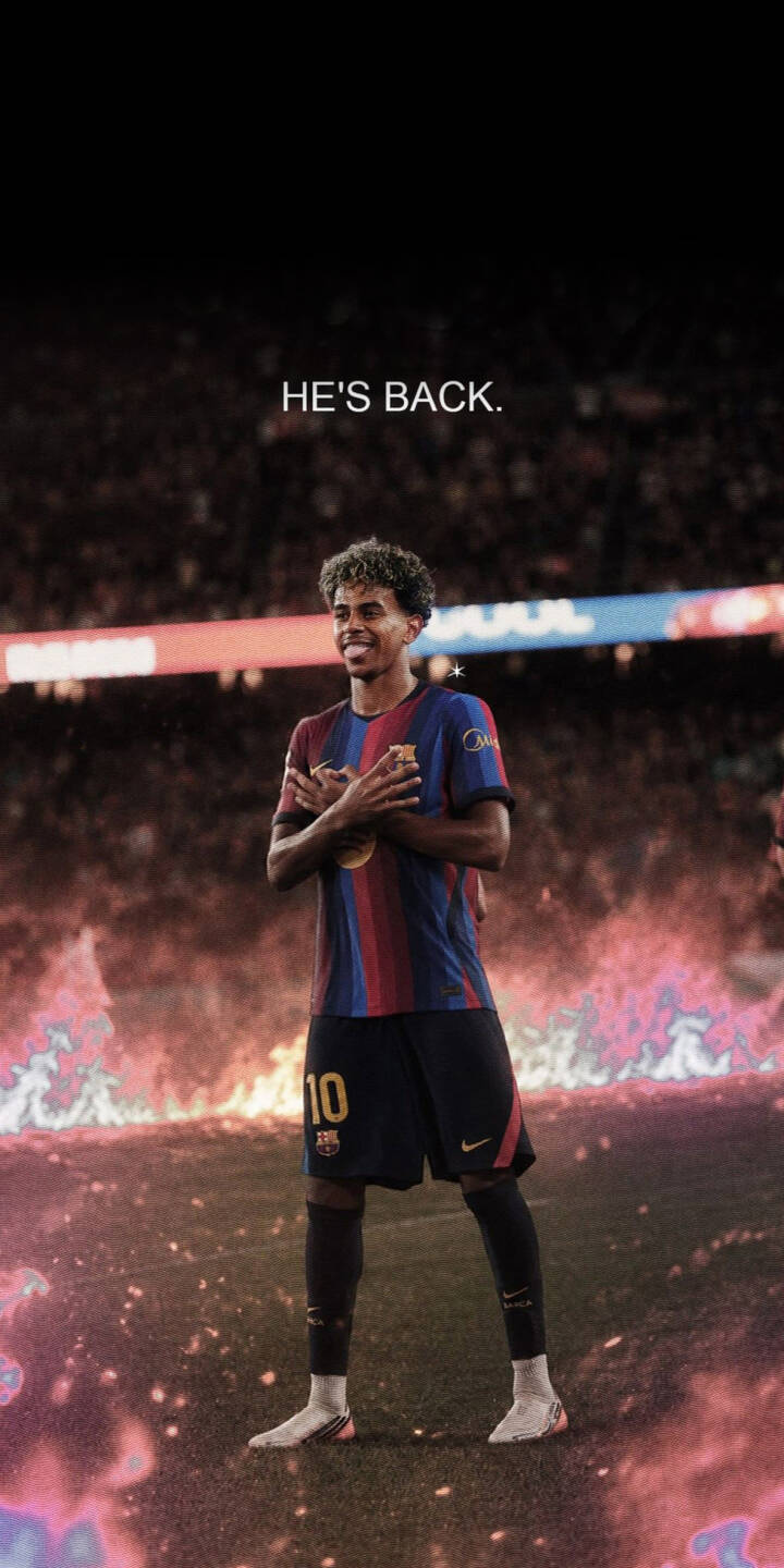 Fiery orange and red glows around Ansu Fati, clad in his Barcelona #10 jersey, striking a confident pose on the pitch with the inspiring 'HE'S BACK.' message above in this stunning 4K wallpaper. This dynamic wallpaper is perfect for any iPhone to celebrate his return. | football stadium fire athlete iphone barcelona wallpaper mobile ansu fati comeback 4k wallpaper hd wallpaper Fiery orange and red glows around Ansu Fati, clad in his Barcelona #10 jersey, striking a confident pose on the pitch with the inspiring 'HE'S BACK.' message above in this stunning 4K wallpaper. This dynamic wallpaper is perfect for any iPhone to celebrate his return.