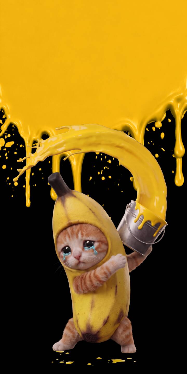 Striking yellow paint drips dramatically from the top, creating a vibrant contrast to the adorable, teary-eyed kitten dressed in a banana suit, holding a paint bucket in this charming 4K wallpaper. This delightful wallpaper is perfect for personalizing your iPhone. | aesthetic yellow cute iphone wallpaper kitten mobile 4k wallpaper hd wallpaper banana cat paint splash crying cat Striking yellow paint drips dramatically from the top, creating a vibrant contrast to the adorable, teary-eyed kitten dressed in a banana suit, holding a paint bucket in this charming 4K wallpaper. This delightful wallpaper is perfect for personalizing your iPhone.