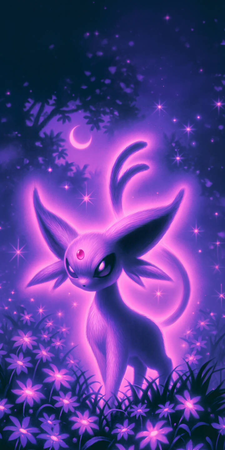 Bathed in a magical violet glow, Espeon stands gracefully amidst a field of twinkling purple flowers under a crescent moon in this enchanting 4K wallpaper. This aesthetic Espeon wallpaper is an essential download for iPhone users. | purple moon anime iphone fantasy pokemon wallpaper mobile 4k wallpaper hd wallpaper eeveelution espeon Bathed in a magical violet glow, Espeon stands gracefully amidst a field of twinkling purple flowers under a crescent moon in this enchanting 4K wallpaper. This aesthetic Espeon wallpaper is an essential download for iPhone users.
