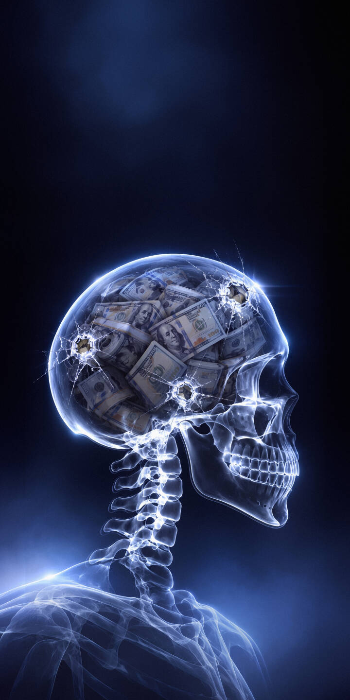 A luminous blue x-ray skull, riddled with cracked bullet holes, reveals bundles of U.S. dollar bills packed within its transparent cranium in this powerful 4K wallpaper. This thought-provoking wallpaper is a must-have for your iPhone. | money skull iphone wallpaper mobile bullet holes 4k wallpaper hd wallpaper x-ray dark aesthetic conceptual cash mind A luminous blue x-ray skull, riddled with cracked bullet holes, reveals bundles of U.S. dollar bills packed within its transparent cranium in this powerful 4K wallpaper. This thought-provoking wallpaper is a must-have for your iPhone.