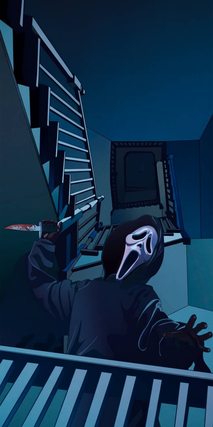 The iconic Ghostface mask looms from the shadows as a blood-stained knife is raised, poised to strike from the top of a dimly lit staircase. This eerie 4K wallpaper captures the classic horror movie feel, making it an essential wallpaper for any iPhone horror fan. | dark iphone wallpaper horror scream killer mobile bloody ghostface 4k wallpaper hd wallpaper staircase The iconic Ghostface mask looms from the shadows as a blood-stained knife is raised, poised to strike from the top of a dimly lit staircase. This eerie 4K wallpaper captures the classic horror movie feel, making it an essential wallpaper for any iPhone horror fan.