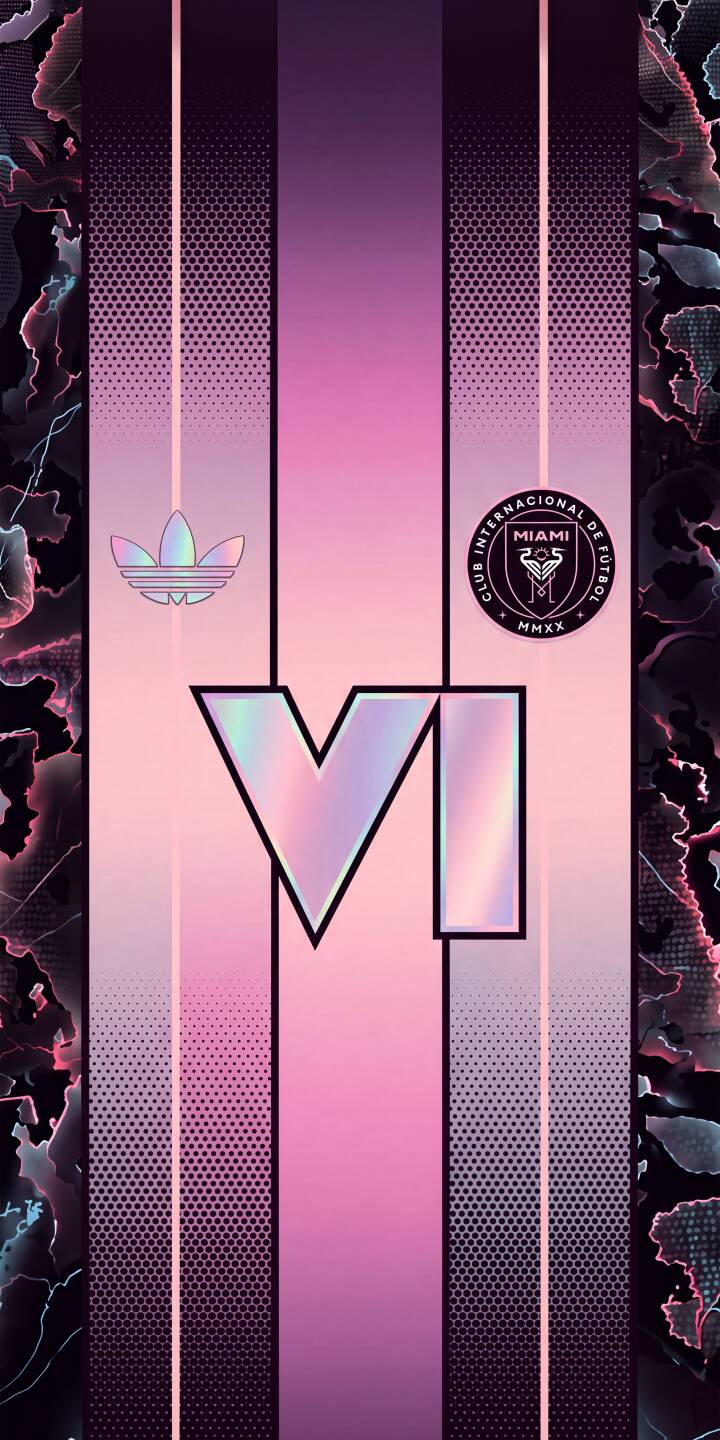 Vibrant pink and purple gradient stripes lead down to a shimmering holographic 'VI' in this striking 4K Inter Miami CF wallpaper. This official-looking design, complete with the club crest and Adidas logo, is a perfect wallpaper for iPhone. | pink football iphone soccer wallpaper jersey mobile inter miami inter miami cf 4k wallpaper hd wallpaper holographic Vibrant pink and purple gradient stripes lead down to a shimmering holographic 'VI' in this striking 4K Inter Miami CF wallpaper. This official-looking design, complete with the club crest and Adidas logo, is a perfect wallpaper for iPhone.