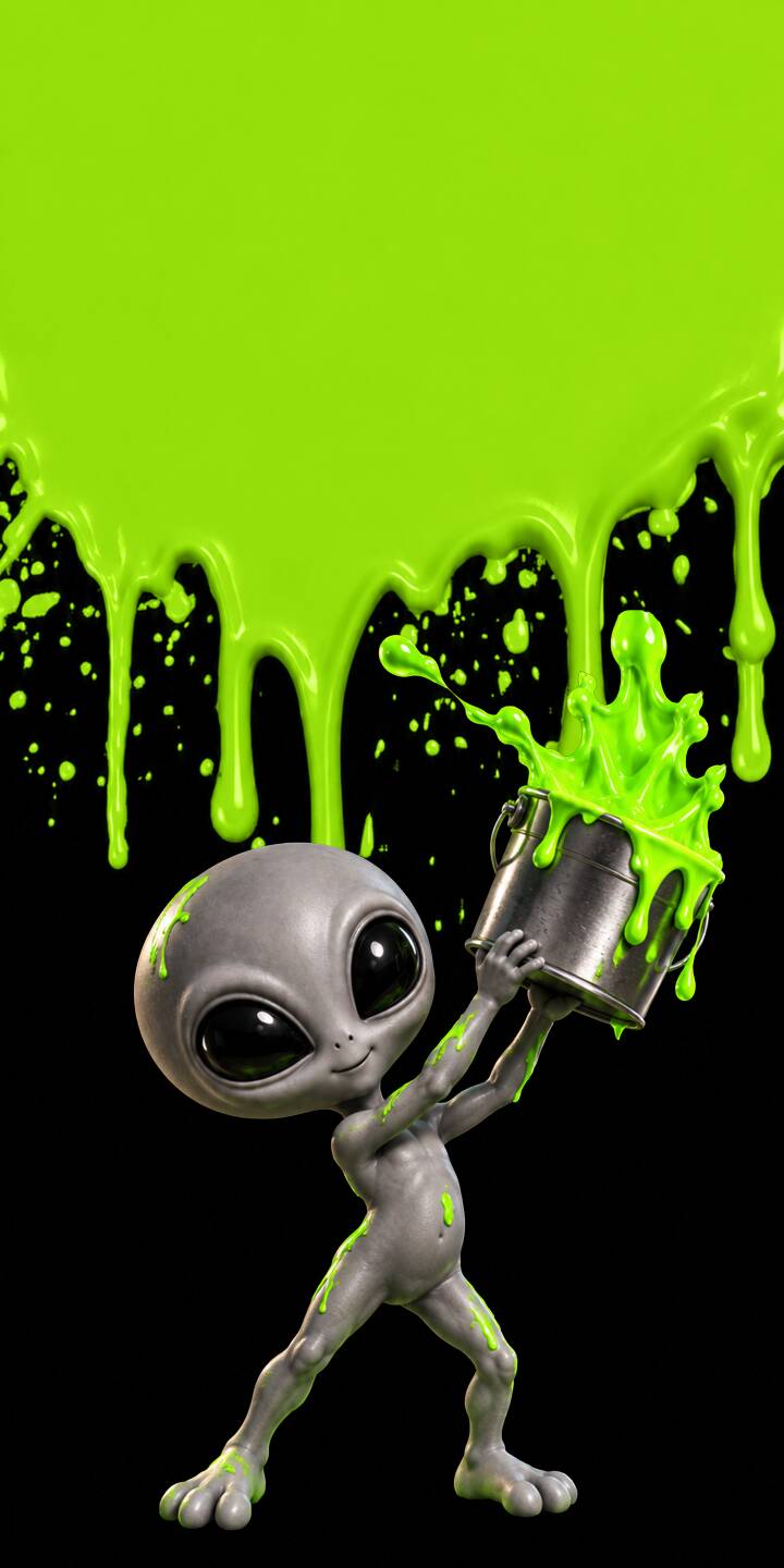 Vibrant lime green paint dramatically splatters from a bucket held by a cute, mischievous grey alien in this dynamic 4K wallpaper. This eye-catching wallpaper, perfect for iPhone, features bold colors and an engaging character. | cartoon aesthetic funny iphone slime wallpaper alien mobile 4k wallpaper hd wallpaper cute alien green paint Vibrant lime green paint dramatically splatters from a bucket held by a cute, mischievous grey alien in this dynamic 4K wallpaper. This eye-catching wallpaper, perfect for iPhone, features bold colors and an engaging character.