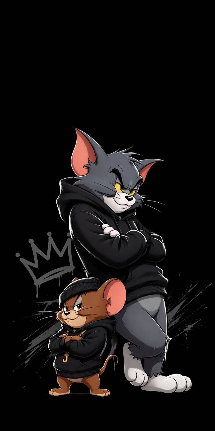 Tom and Jerry strike a confident, streetwise pose, with Tom's yellow eyes glaring fiercely and Jerry sporting a cool beanie and gold 'J' chain in this awesome 4K wallpaper. This edgy cartoon wallpaper is perfect for personalizing your iPhone screen. | cartoon aesthetic street art iphone tom tom and jerry jerry wallpaper hip hop mobile 4k wallpaper hd wallpaper Tom and Jerry strike a confident, streetwise pose, with Tom's yellow eyes glaring fiercely and Jerry sporting a cool beanie and gold 'J' chain in this awesome 4K wallpaper. This edgy cartoon wallpaper is perfect for personalizing your iPhone screen.