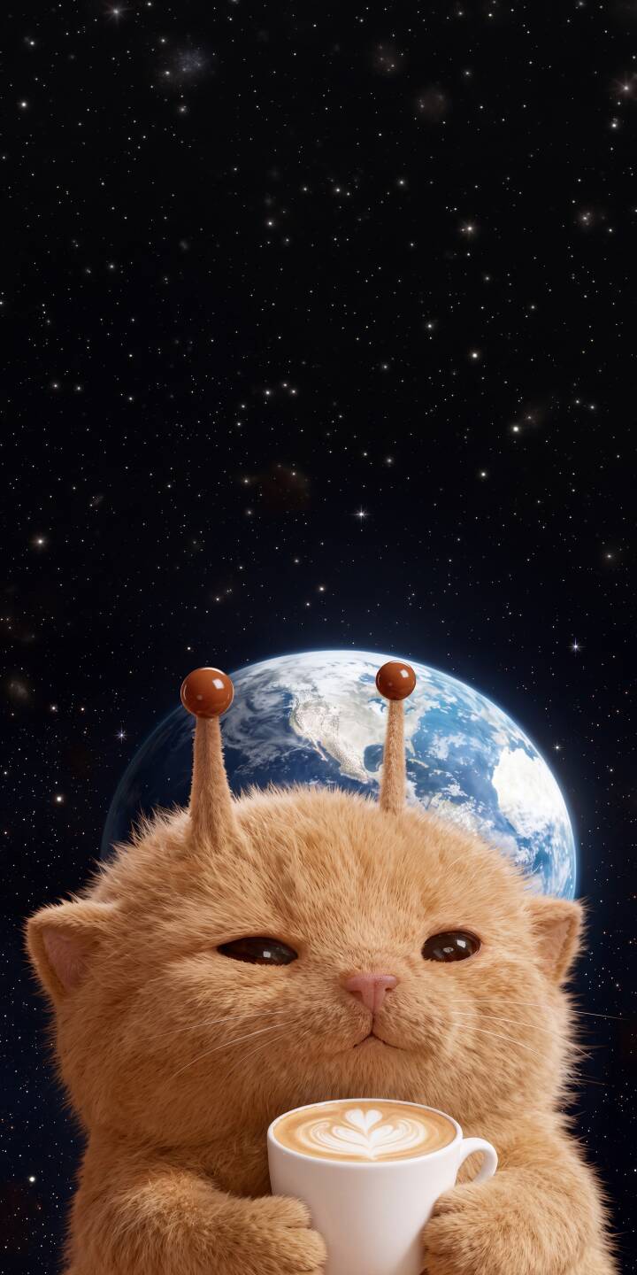 A fluffy orange cat, sporting whimsical alien antennae, gazes contentedly while clutching a cup of latte with delicate heart art, set against a stunning backdrop of Earth and a vast starfield. This adorable 4K wallpaper is an ideal iPhone wallpaper for those who love charming cosmic companions. | cat space cute iphone wallpaper coffee mobile digital art 4k wallpaper hd wallpaper alien cat A fluffy orange cat, sporting whimsical alien antennae, gazes contentedly while clutching a cup of latte with delicate heart art, set against a stunning backdrop of Earth and a vast starfield. This adorable 4K wallpaper is an ideal iPhone wallpaper for those who love charming cosmic companions.