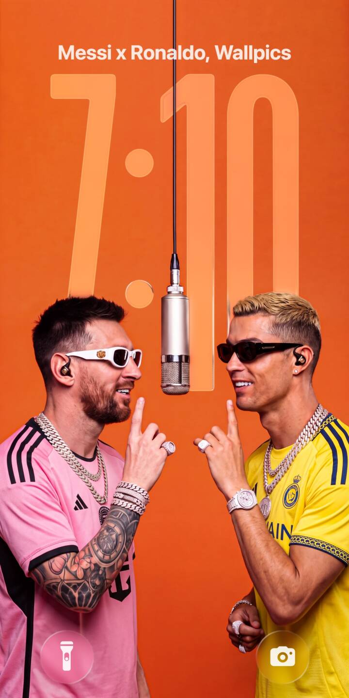 Football icons Lionel Messi and Cristiano Ronaldo, sporting stylish shades and chunky bling, share a smile and a studio mic in this vibrant 4K wallpaper, making it an epic iPhone wallpaper for fans of the global stars. | football iphone messi ronaldo wallpaper cristiano ronaldo lionel messi mobile celebrity 4k wallpaper hd wallpaper studio bling Football icons Lionel Messi and Cristiano Ronaldo, sporting stylish shades and chunky bling, share a smile and a studio mic in this vibrant 4K wallpaper, making it an epic iPhone wallpaper for fans of the global stars.