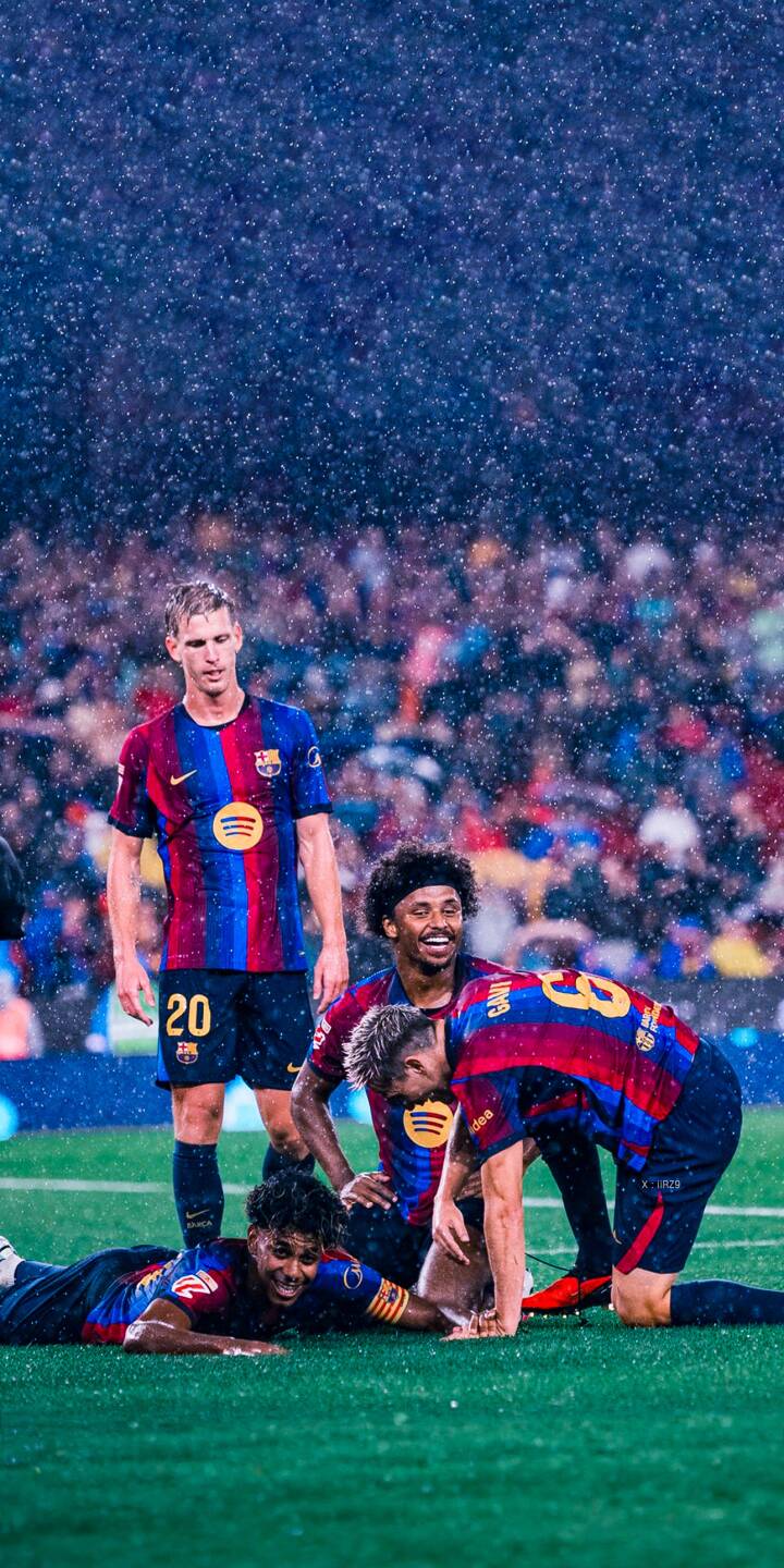 Shimmering rain cascades down on vibrant FC Barcelona players, capturing Frenkie de Jong, Aubameyang, and others on a wet green pitch in this striking 4K wallpaper for iPhone. This dynamic sports wallpaper beautifully encapsulates the team's spirit in adverse conditions. | sports football rain iphone soccer wallpaper barca fc barcelona mobile 4k wallpaper hd wallpaper wet pitch Shimmering rain cascades down on vibrant FC Barcelona players, capturing Frenkie de Jong, Aubameyang, and others on a wet green pitch in this striking 4K wallpaper for iPhone. This dynamic sports wallpaper beautifully encapsulates the team's spirit in adverse conditions.