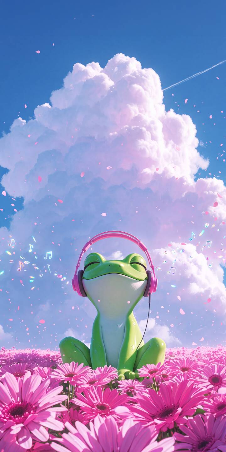 The adorable green frog wears vibrant pink headphones, eyes peacefully closed as musical notes float around him in this charming 4K wallpaper. This delightful scene amidst a field of pink flowers and fluffy clouds makes it a perfect serene wallpaper for iPhone. | aesthetic music iphone wallpaper frog mobile headphones 4k wallpaper hd wallpaper pink flowers green frog cute frog The adorable green frog wears vibrant pink headphones, eyes peacefully closed as musical notes float around him in this charming 4K wallpaper. This delightful scene amidst a field of pink flowers and fluffy clouds makes it a perfect serene wallpaper for iPhone.