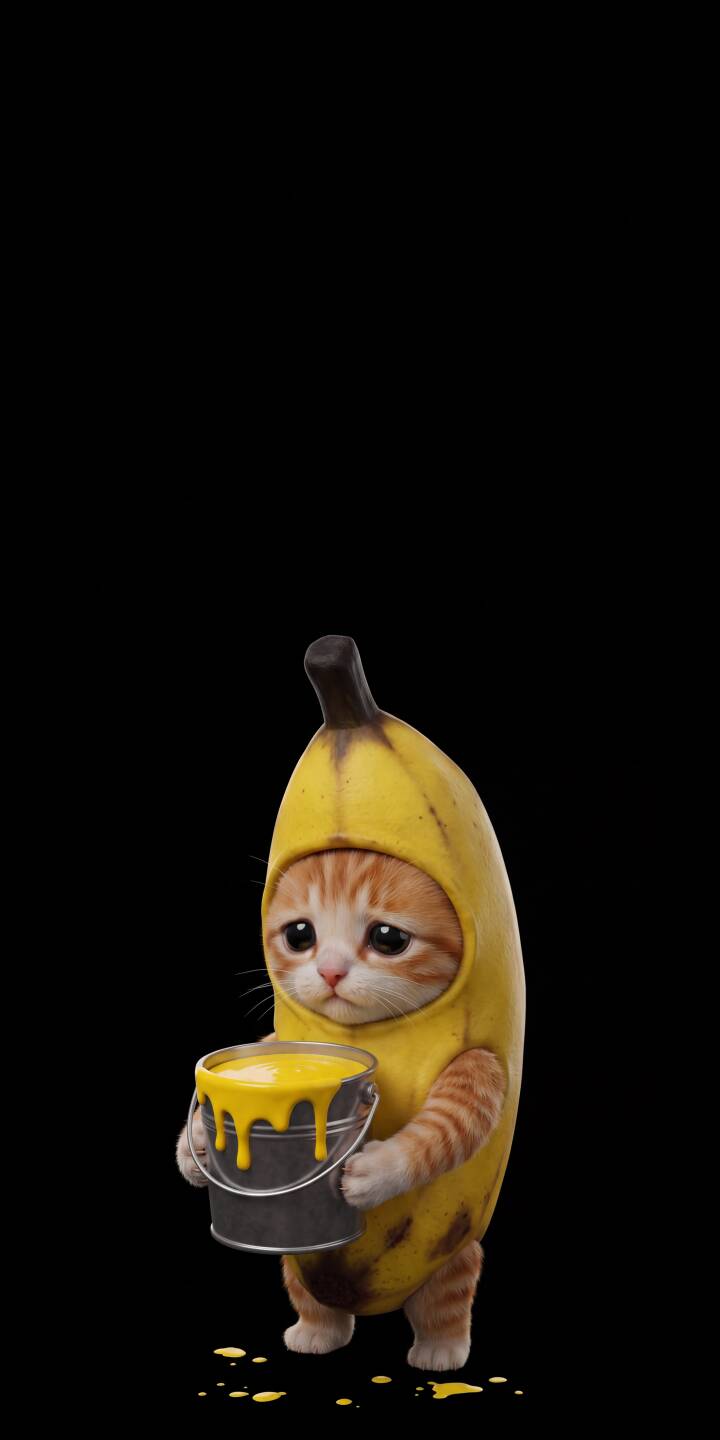 A tiny ginger tabby kitten, wearing a snug banana costume, gazes with melancholic eyes while clutching a bucket of dripping yellow paint. This charming 4K wallpaper offers a unique and adorable scene, perfect for your iPhone. | cat cute iphone paint wallpaper sad banana kitten mobile 4k wallpaper hd wallpaper A tiny ginger tabby kitten, wearing a snug banana costume, gazes with melancholic eyes while clutching a bucket of dripping yellow paint. This charming 4K wallpaper offers a unique and adorable scene, perfect for your iPhone.