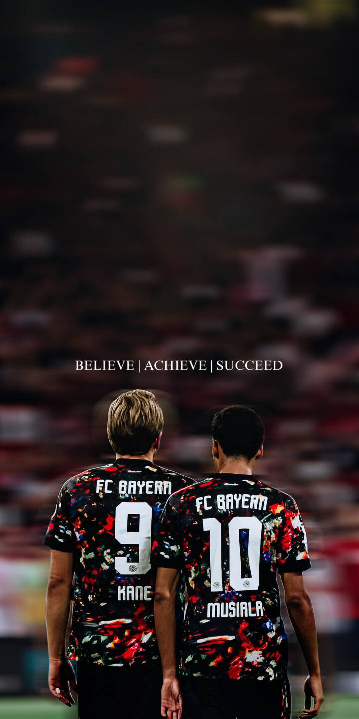 Strikingly vibrant, Harry Kane and Jamal Musiala wear their abstract-patterned FC Bayern jerseys, number 9 and 10, standing together with the powerful motto "BELIEVE | ACHIEVE | SUCCEED" above them in this 4K wallpaper. This inspirational football duo wallpaper is perfect for any iPhone, capturing true team spirit. | sports football iphone team wallpaper mobile fc bayern 4k wallpaper hd wallpaper inspirational jamal musiala harry kane Strikingly vibrant, Harry Kane and Jamal Musiala wear their abstract-patterned FC Bayern jerseys, number 9 and 10, standing together with the powerful motto "BELIEVE | ACHIEVE | SUCCEED" above them in this 4K wallpaper. This inspirational football duo wallpaper is perfect for any iPhone, capturing true team spirit.